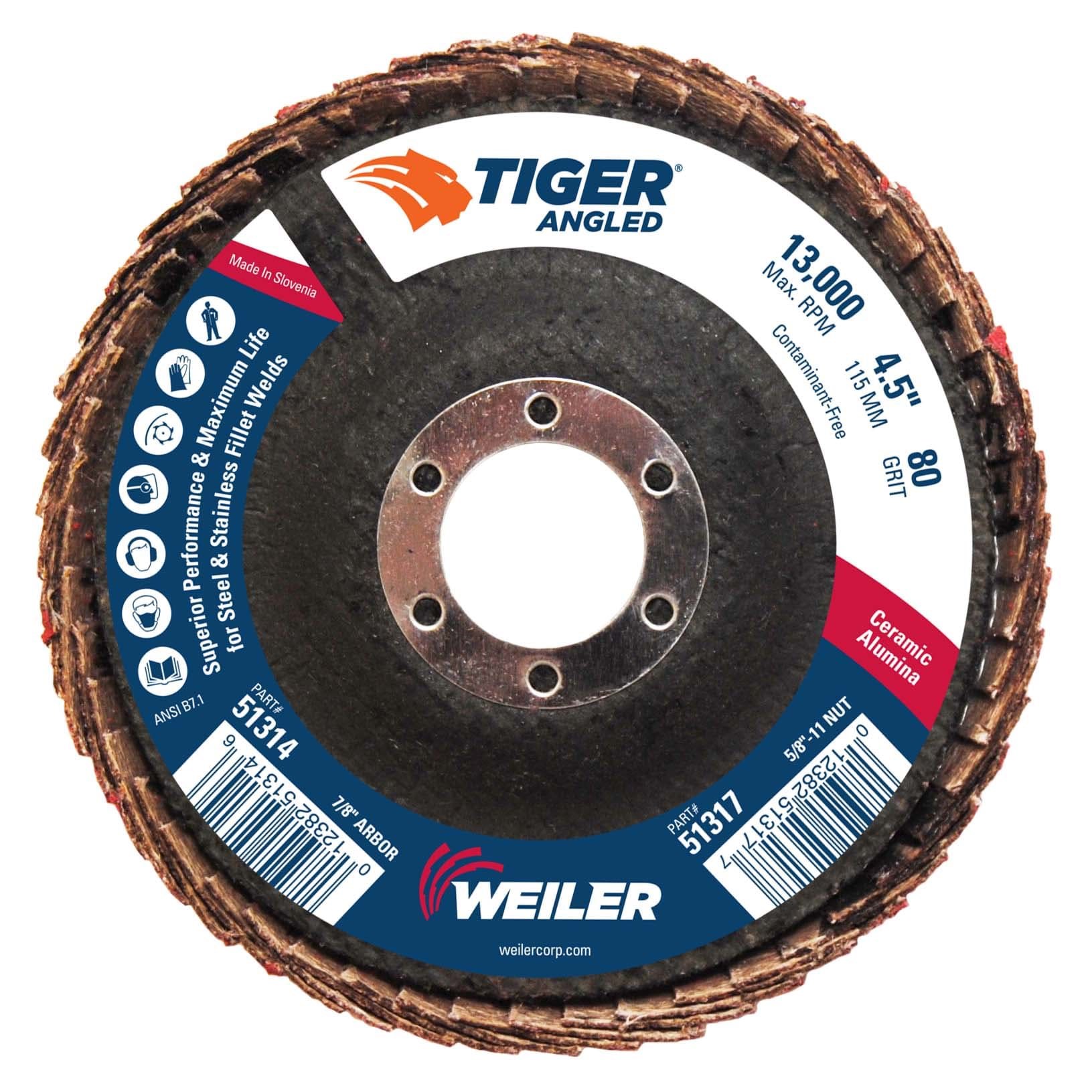 Picture of 4-1/2" Tiger Angled (Radial) Ceramic Flap Disc 80C 7/8 Arbor Hole