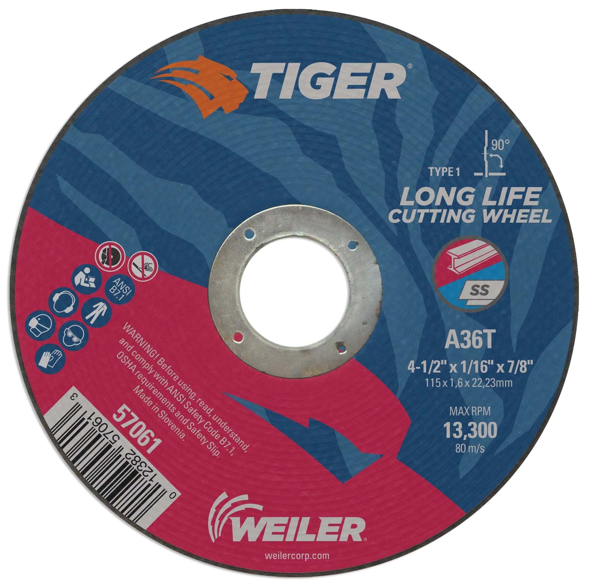Picture of 4-1/2" x 1/16" TIGER AO Type 1 Cutting Wheel, A36T, 7/8" Arbor Hole