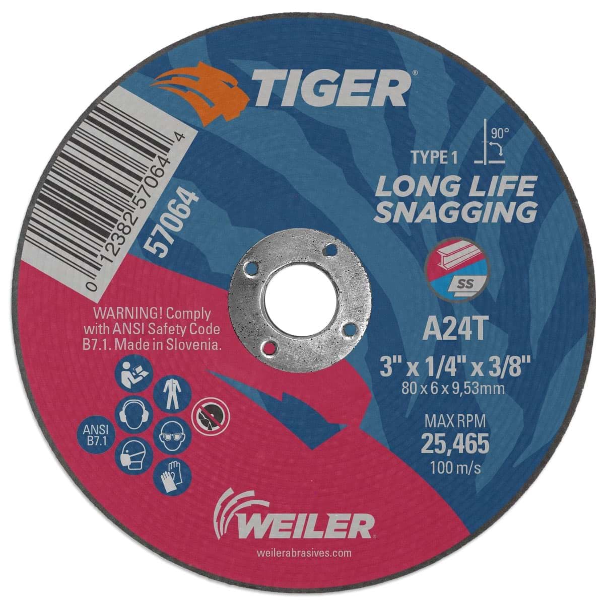 Picture of 3" x 1/4" TIGER AO Type 1 Snagging Wheel, A24T, 3/8" Arbor Hole