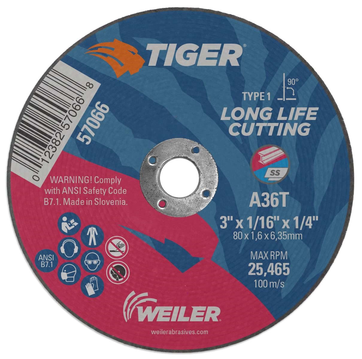 Picture of 3" x 1/16" TIGER AO Type 1 Cutting Wheel, A36T, 1/4" Arbor Hole