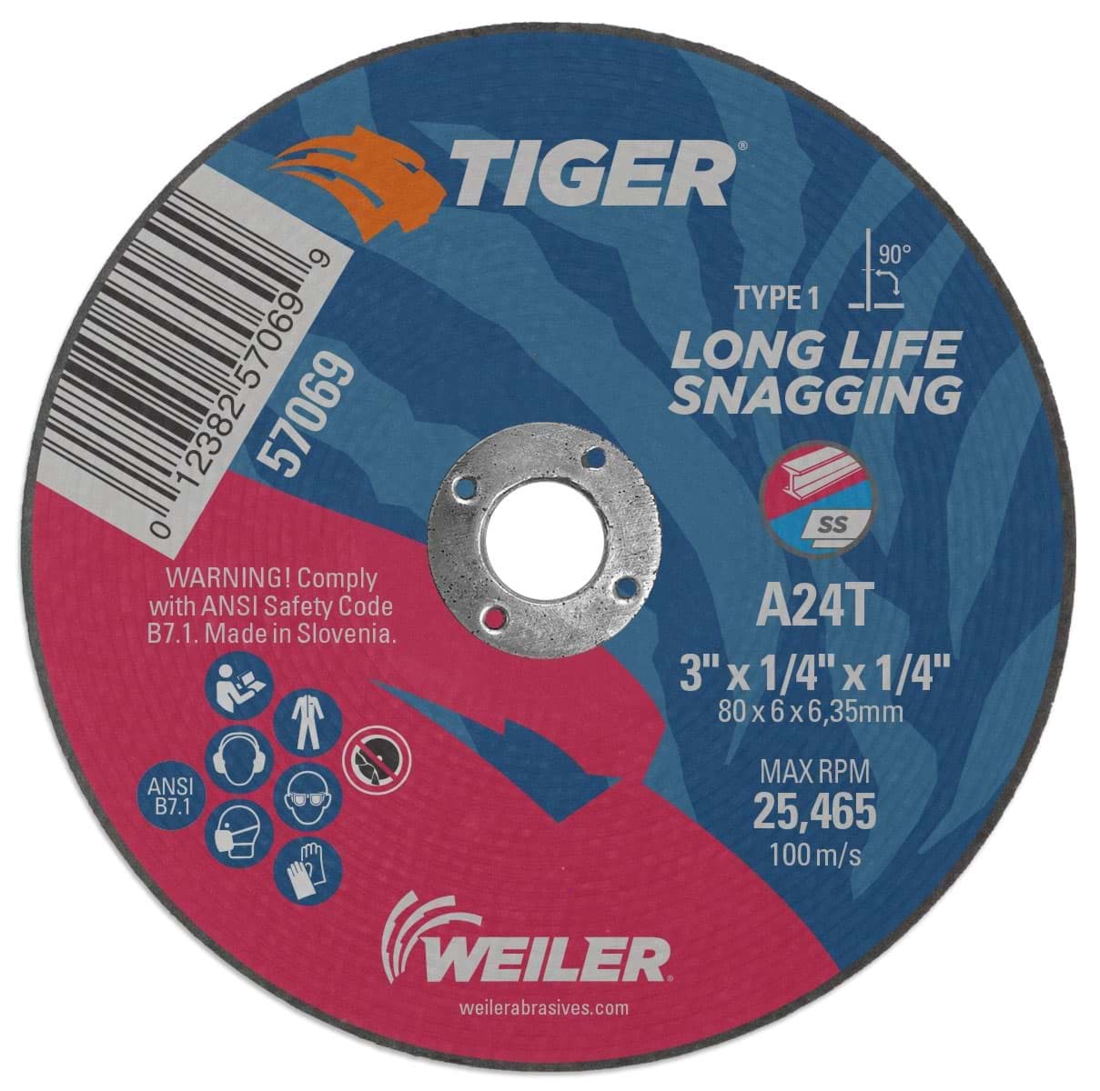 Picture of 3" x 1/4" TIGER AO Type 1 Snagging Wheel, A24T, 1/4" Arbor Hole