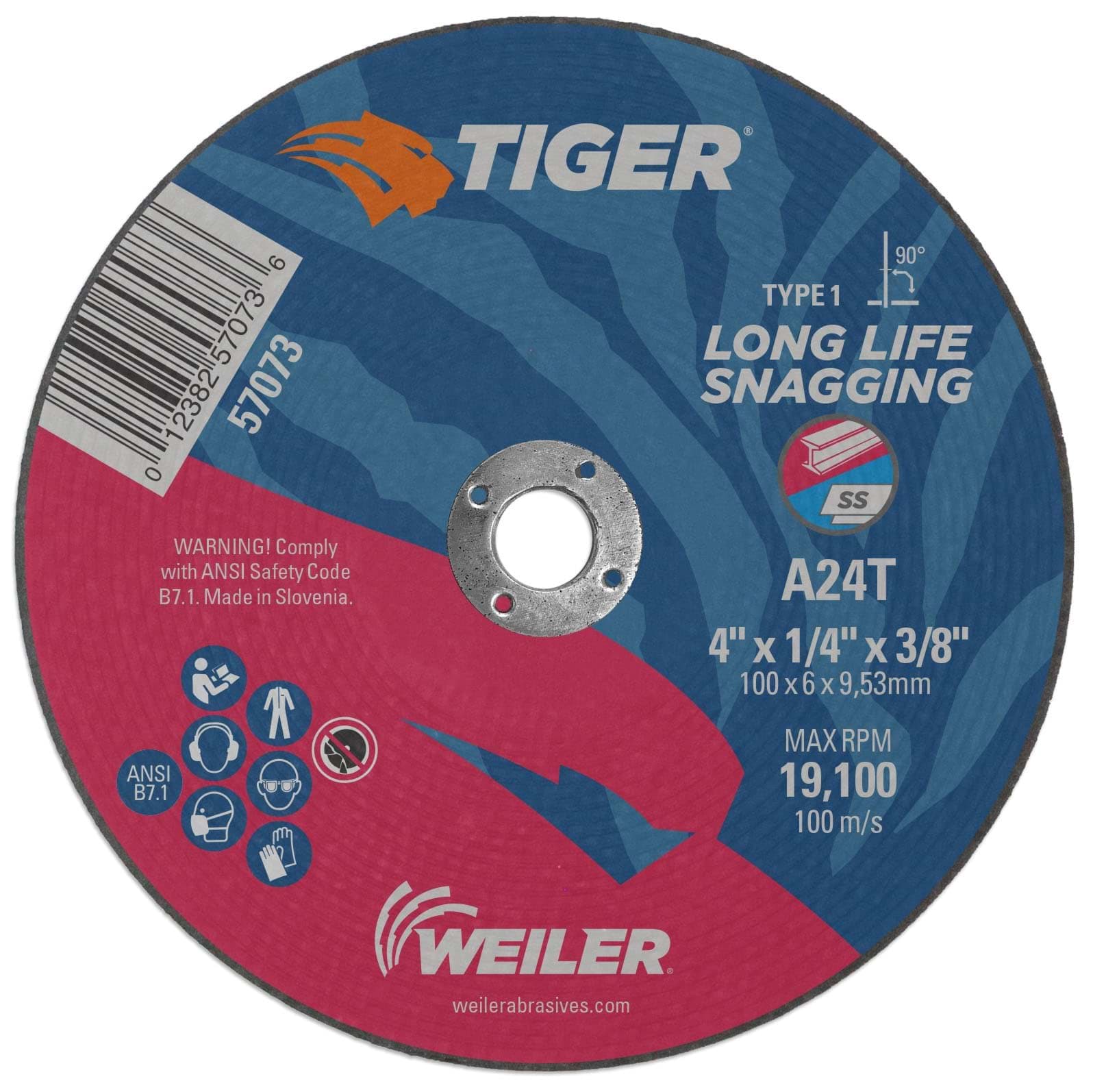 Picture of 4" x 1/4" TIGER AO Type 1 Snagging Wheel, A24T, 3/8" Arbor Hole