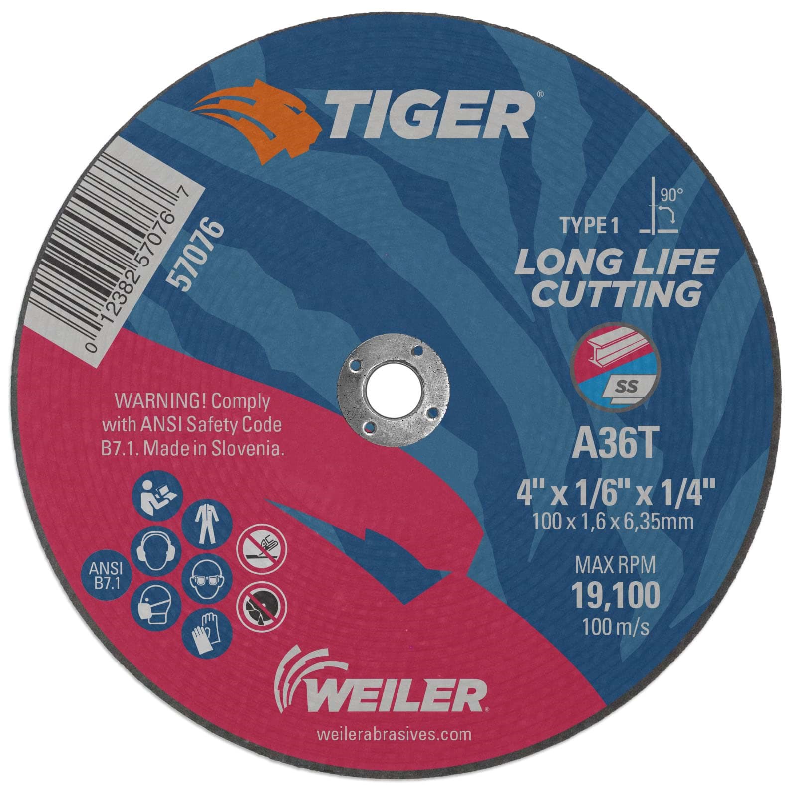 Picture of 4" x 1/16" TIGER AO Type 1 Cutting Wheel, A36T, 1/4" Arbor Hole