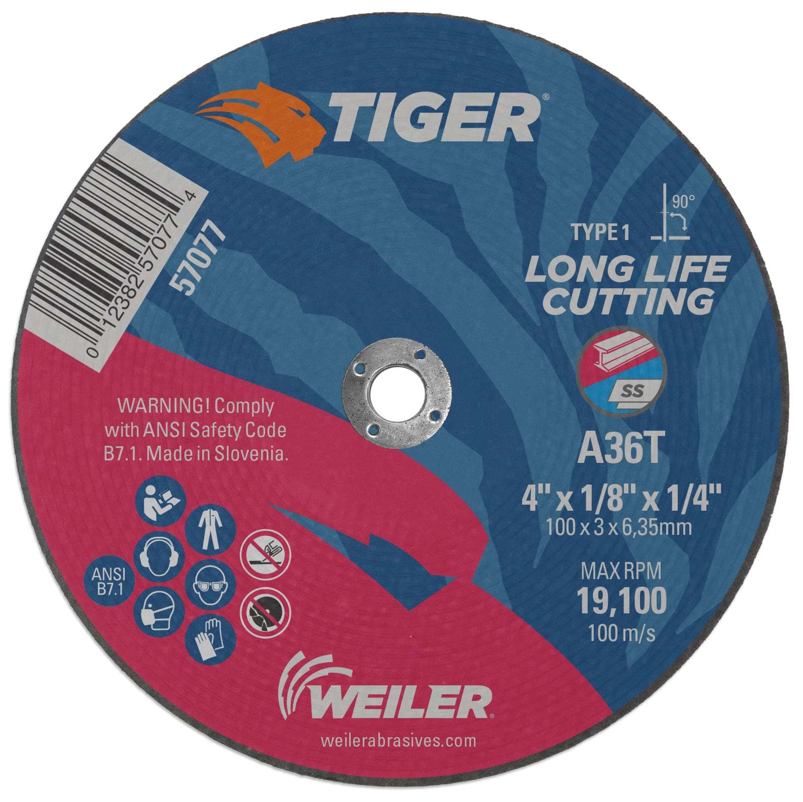 Picture of 4" x 1/8" TIGER AO Type 1 Cutting Wheel, A36S, 1/4" Arbor Hole