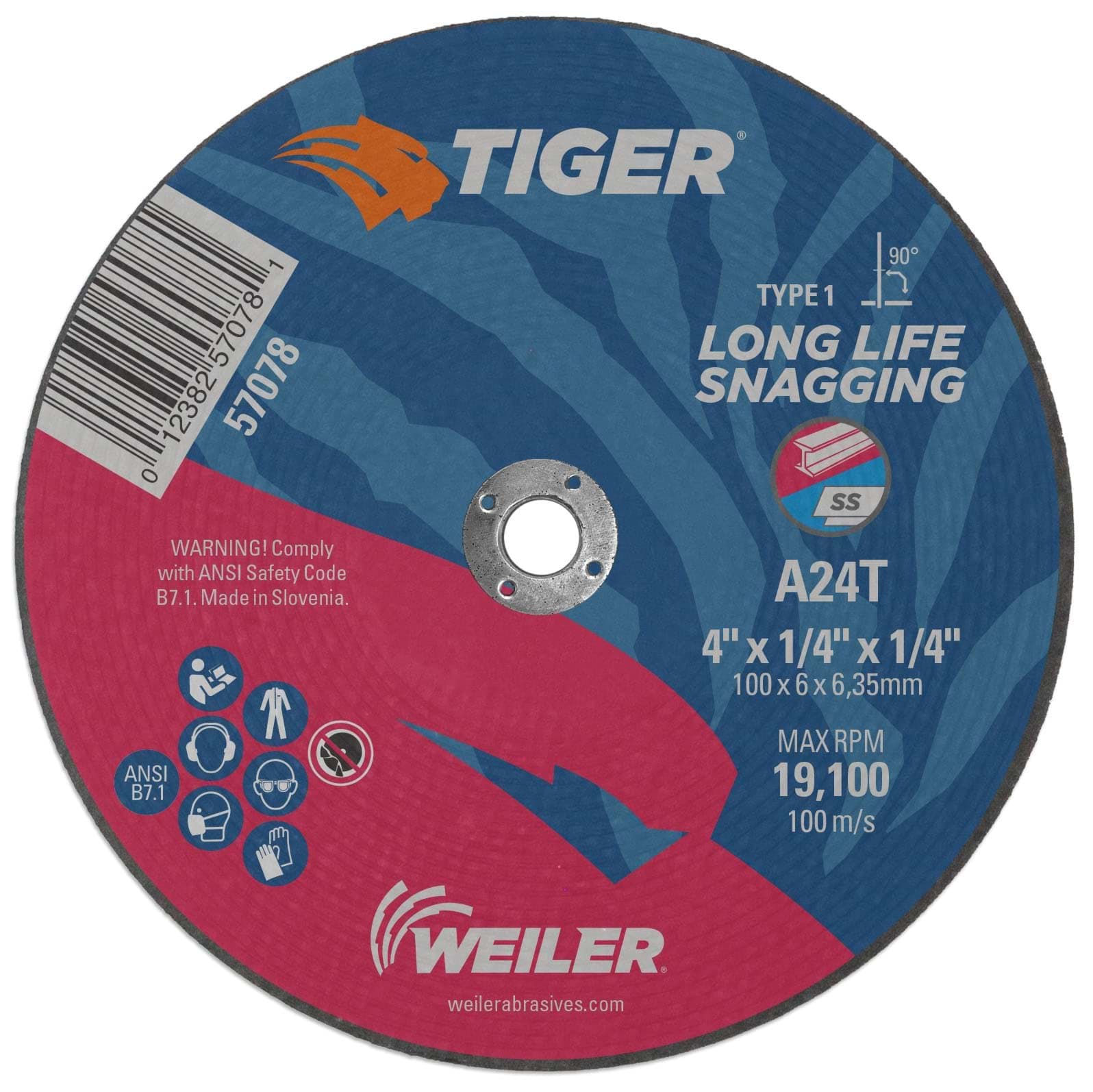 Picture of 4" x 1/4" TIGER AO Type 1 Snagging Wheel, A24T, 1/4" Arbor Hole