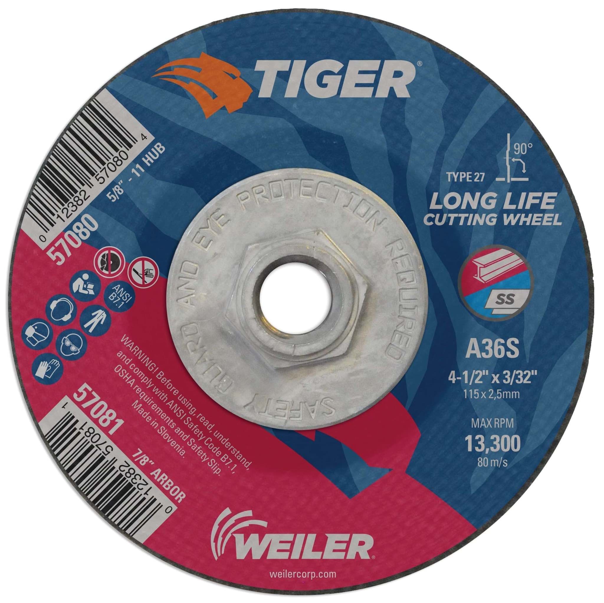 Picture of 4-1/2" x 3/32" TIGER AO Type 27 Cutting Wheel, A36S, 5/8"-11 Nut