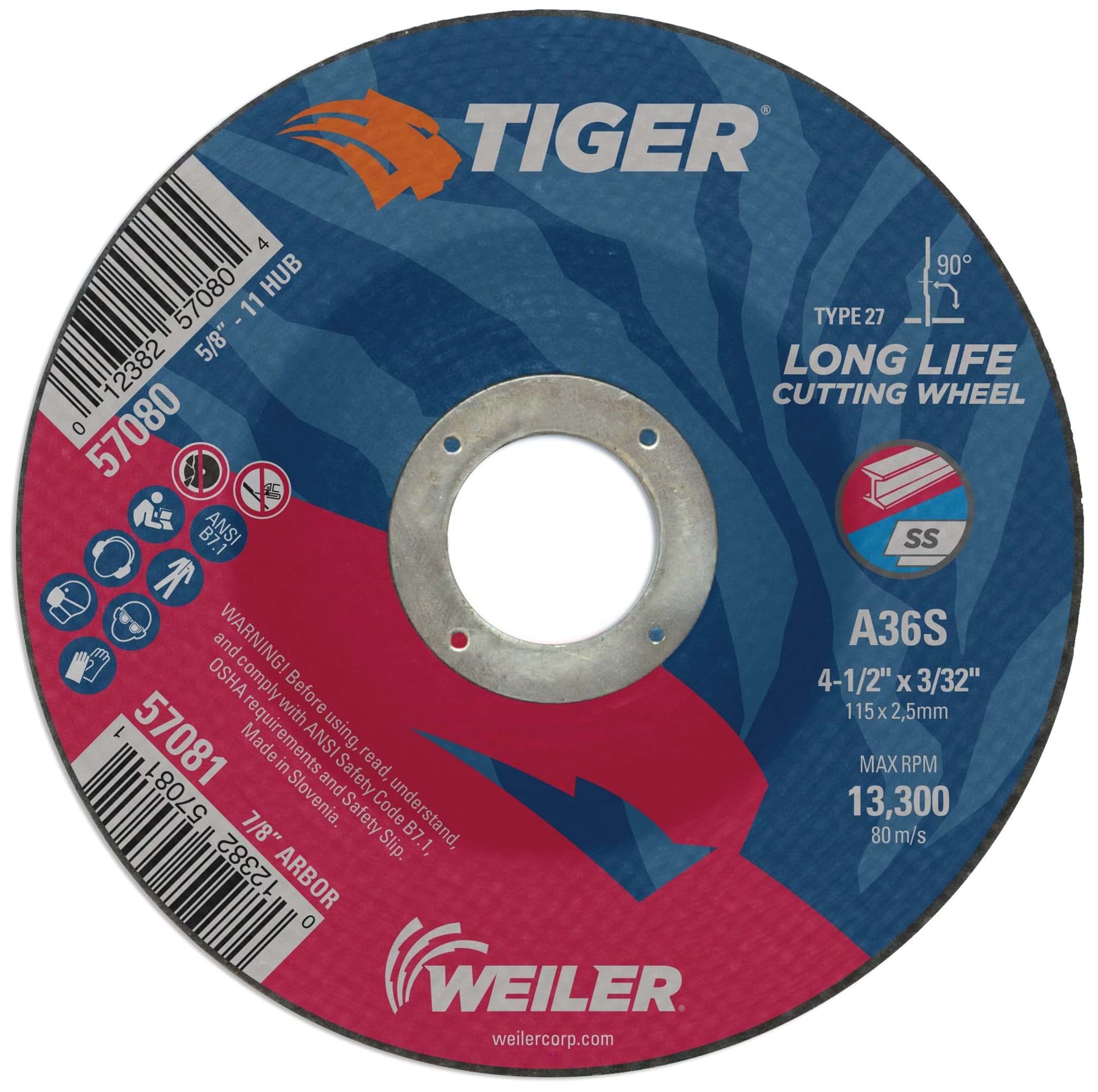 Picture of 4-1/2" x 3/32" TIGER AO Type 27 Cutting Wheel, A36S, 7/8" Arbor Hole