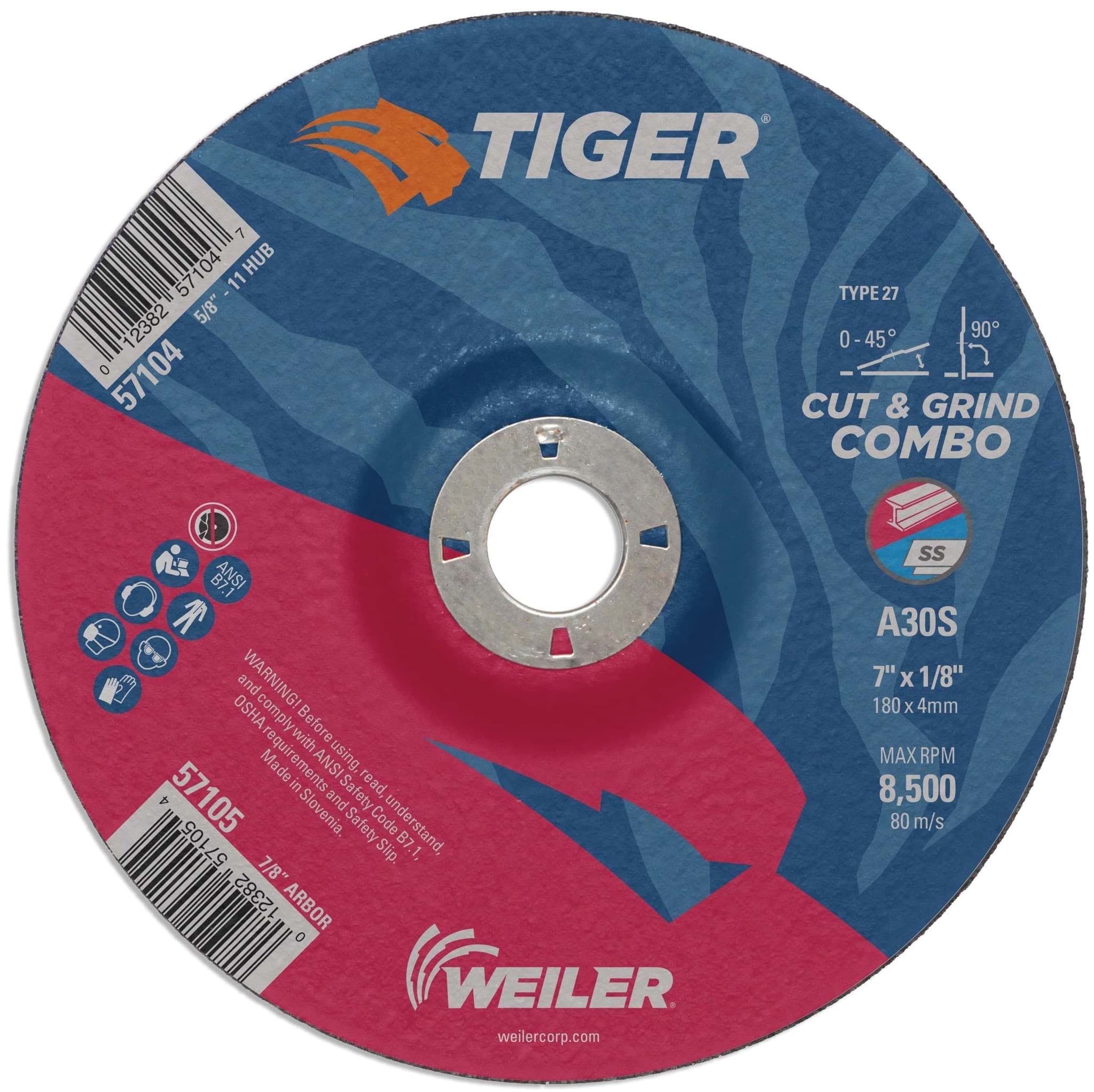 Picture of 7" x 1/8" TIGER AO Type 27 Cut/Grind Combo Wheel, A30S, 7/8" Arbor Hole