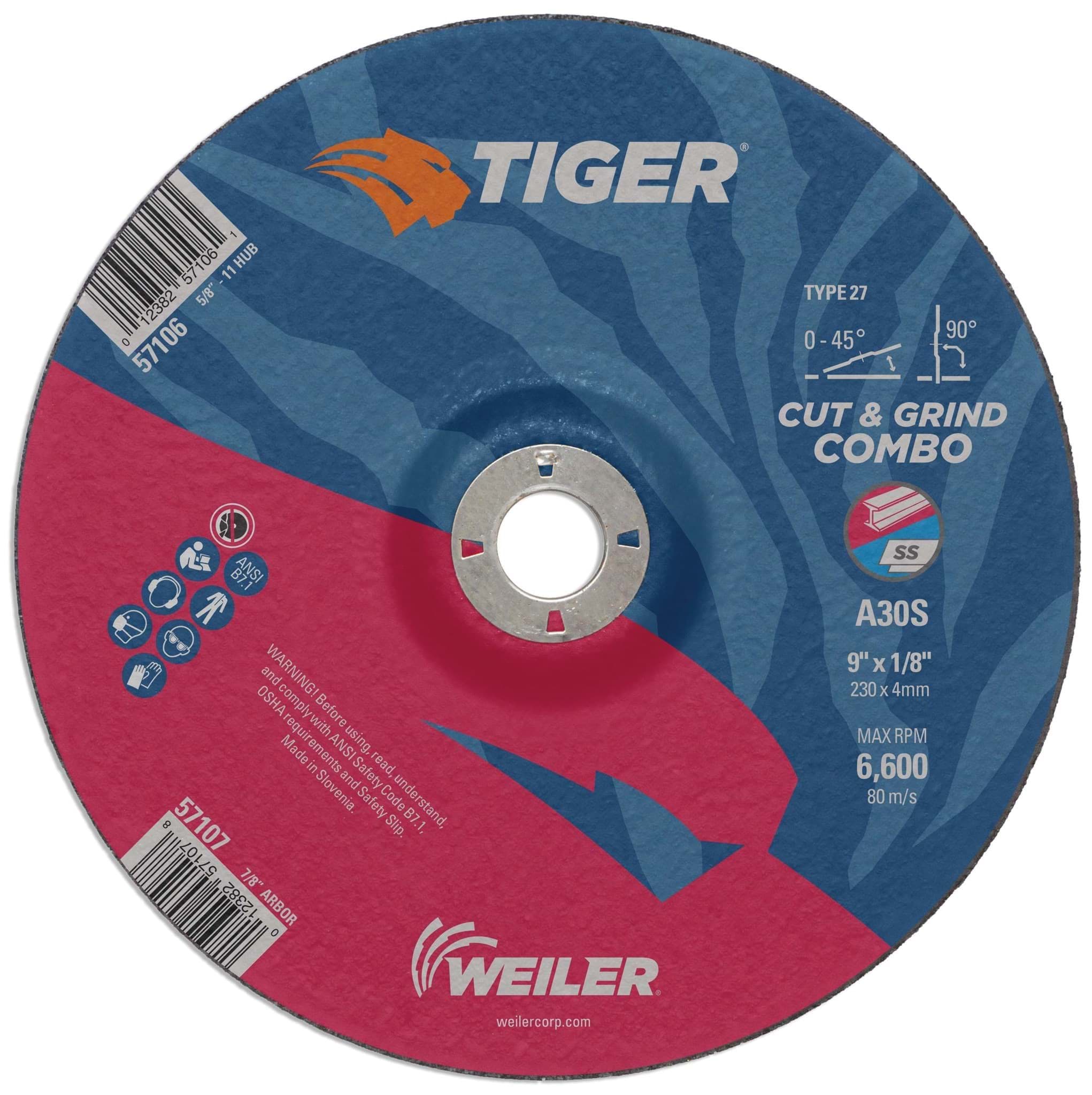 Picture of 9" x 1/8" TIGER AO Type 27 Cut/Grind Combo Wheel, A30S, 7/8" Arbor Hole
