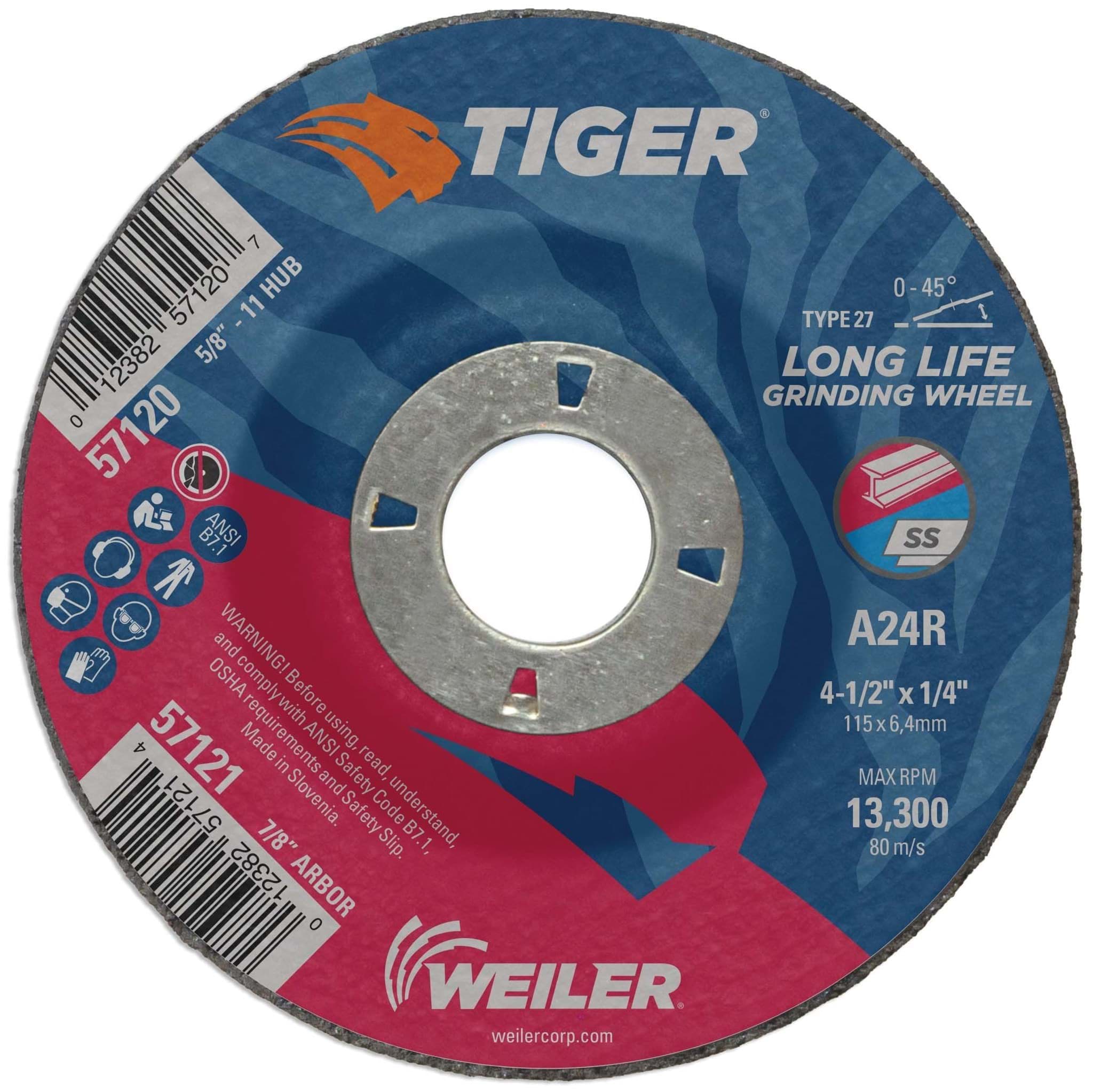 Picture of 4-1/2" x 1/4" TIGER AO Type 27 Grinding Wheel, A24R, 7/8" Arbor Hole
