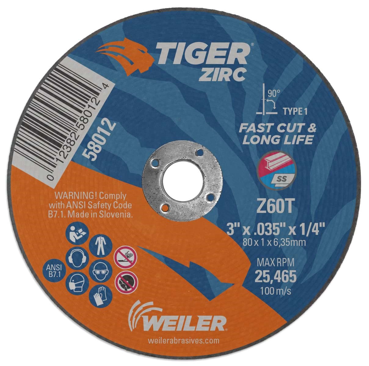 Picture of 3" x .035" Tiger Zirc Type 1 Cutting Wheel, Z60T, 1/4" Arbor Hole