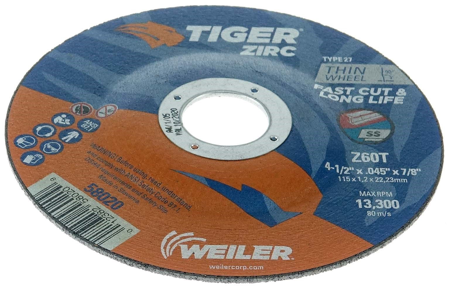 Picture of 4-1/2" x .045" TIGER ZIRC Type 27 Cutting Wheel,  Z60T, 7/8" Arbor Hole