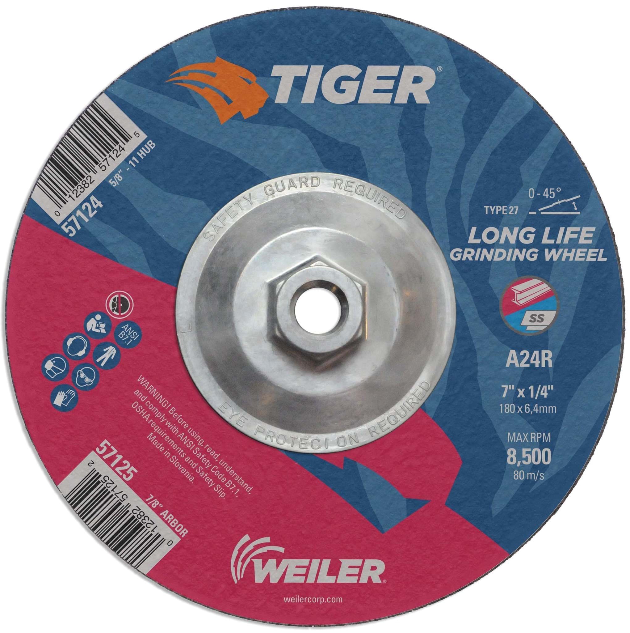 Picture of 7" x 1/4" TIGER AO Type 27 Grinding Wheel, A24R, 5/8"-11 Nut