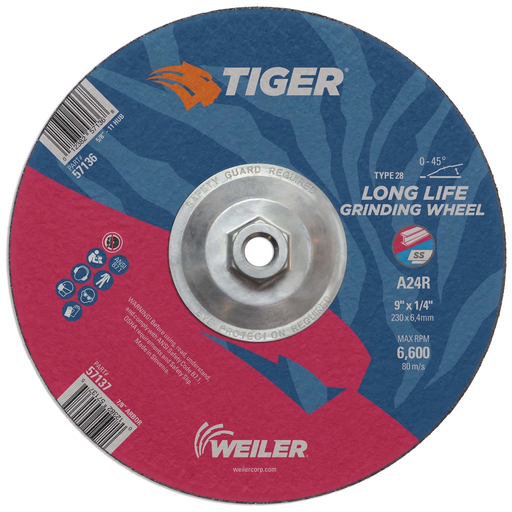 Picture of 9" x 1/4" TIGER AO Type 28 Grinding Wheel, A24R, 5/8"-11 Nut