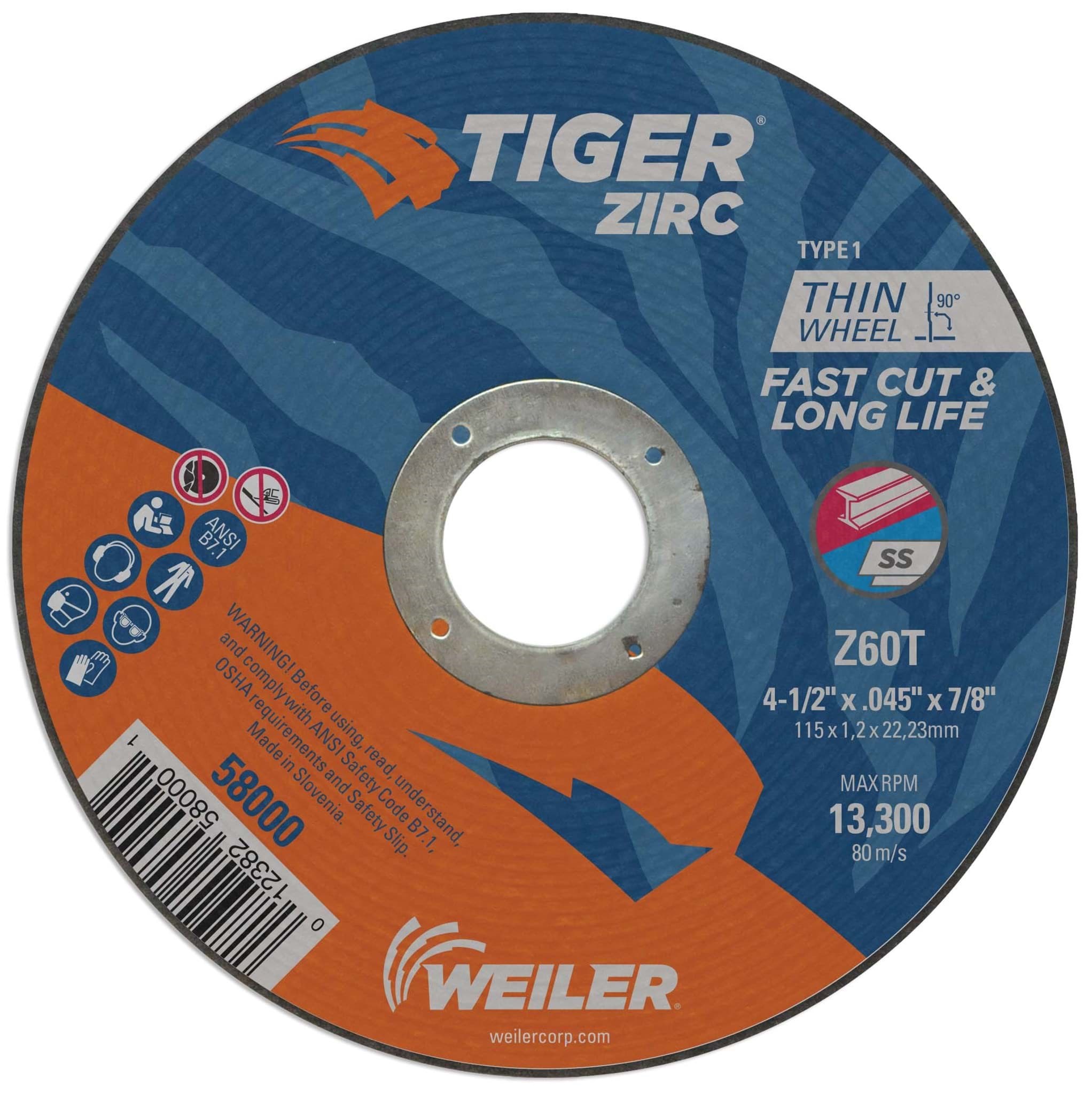 Picture of 4-1/2" x .045" TIGER ZIRC Type 1 Cutting Wheel, Z60T, 7/8" Arbor Hole