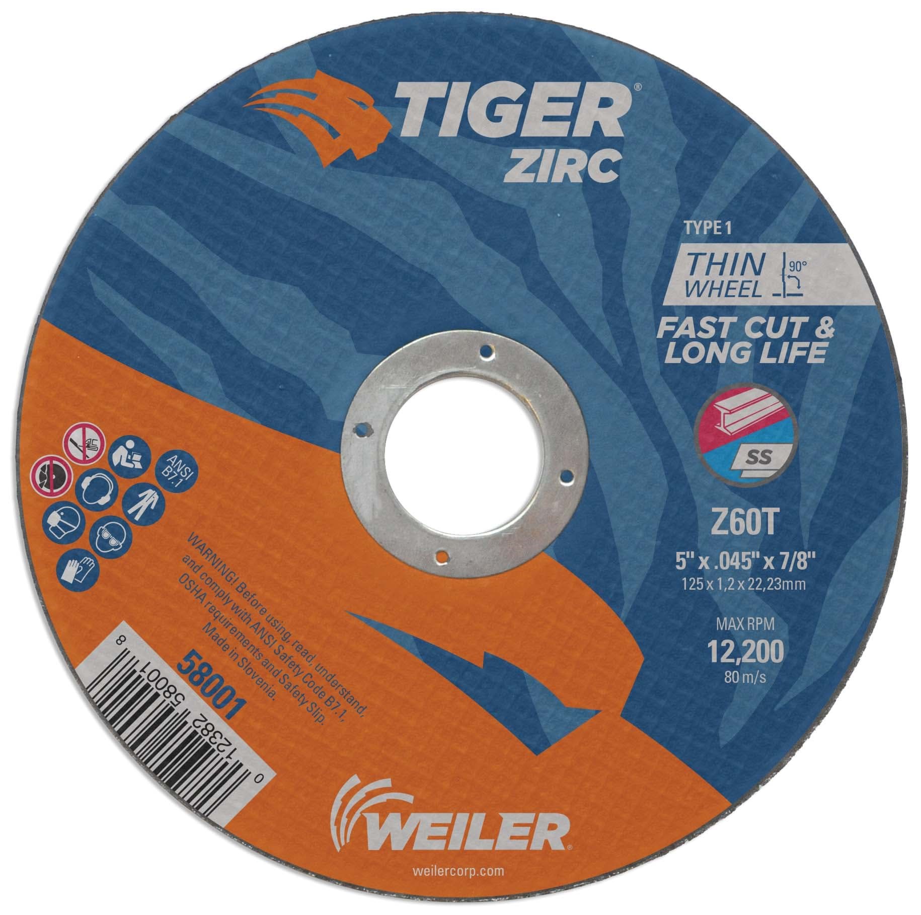 Picture of 5" x .045" TIGER ZIRC Type 1 Cutting Wheel, Z60T, 7/8" Arbor Hole