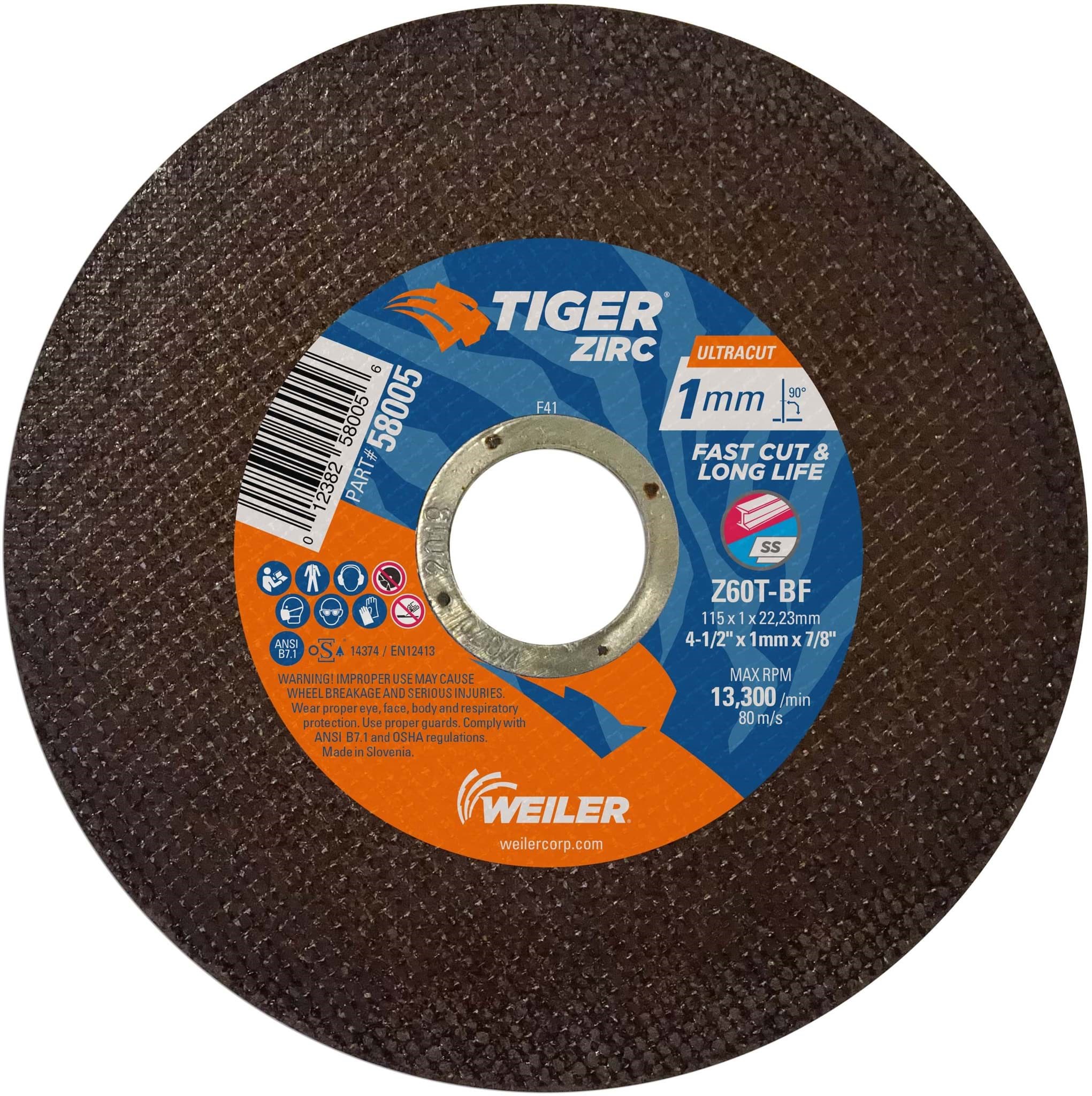 Picture of 4-1/2" x 1mm TIGER ZIRC ULTRACUT Type 1, Z60T, 7/8" Arbor Hole