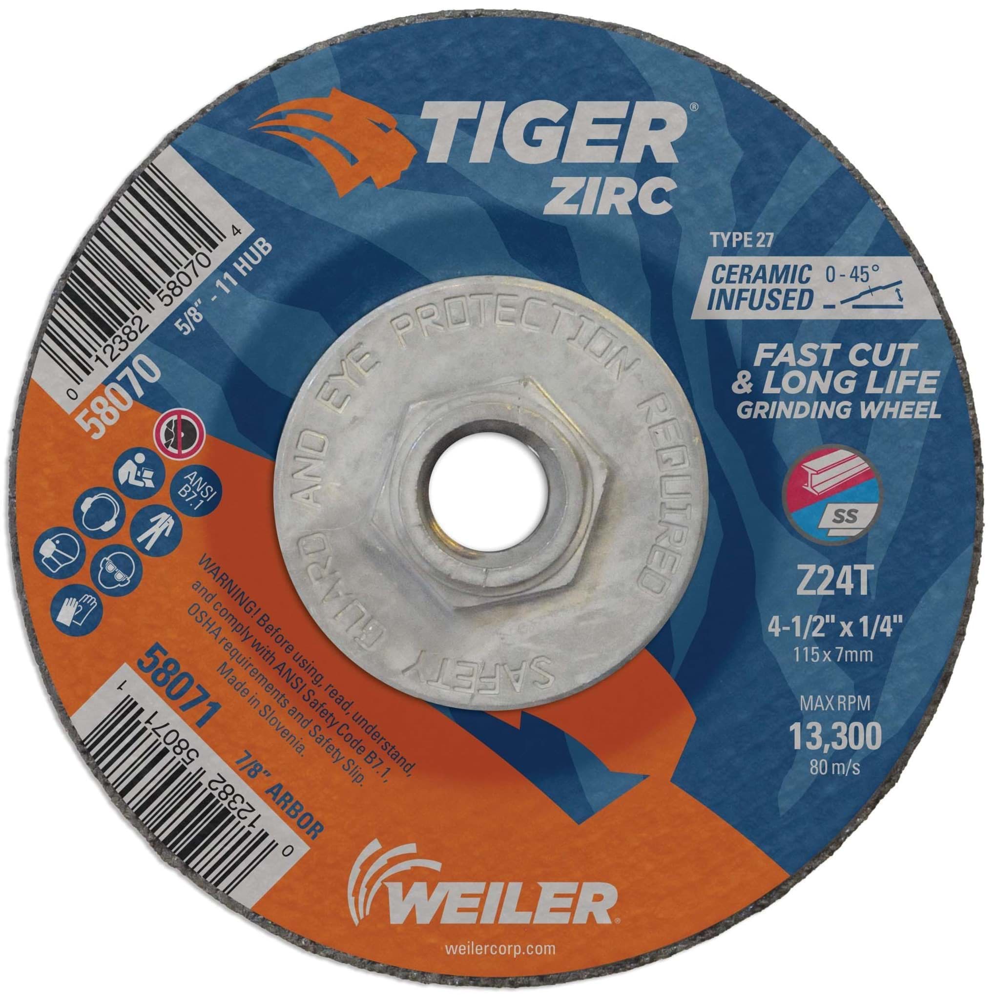 Picture of 4-1/2" x 1/4" TIGER ZIRC Type 27 Grinding Wheel, Z24T, 5/8"-11 Nut