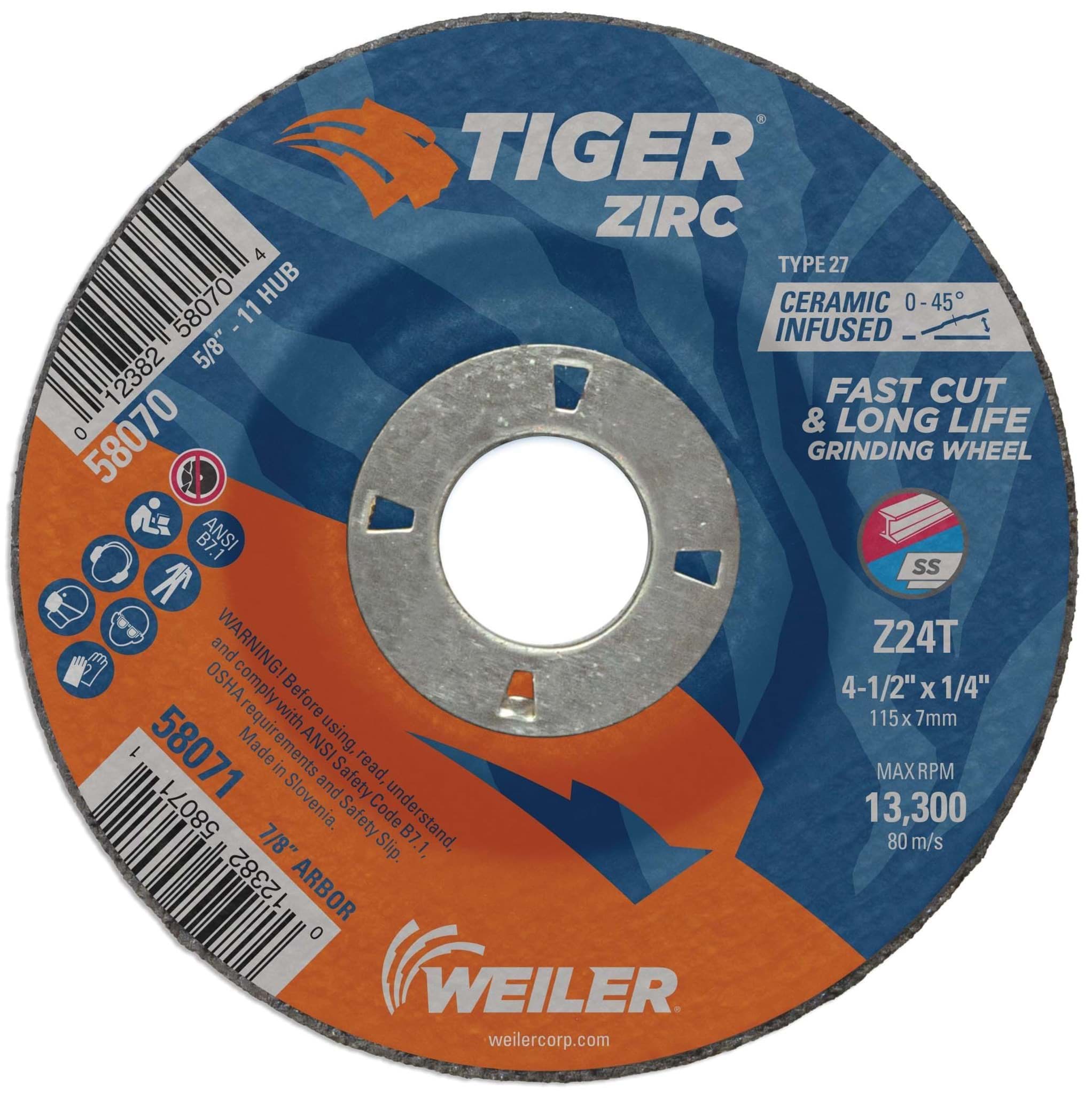 Picture of 4-1/2" x 1/4" TIGER ZIRC Type 27 Grinding Wheel, Z24T, 7/8" Arbor Hole