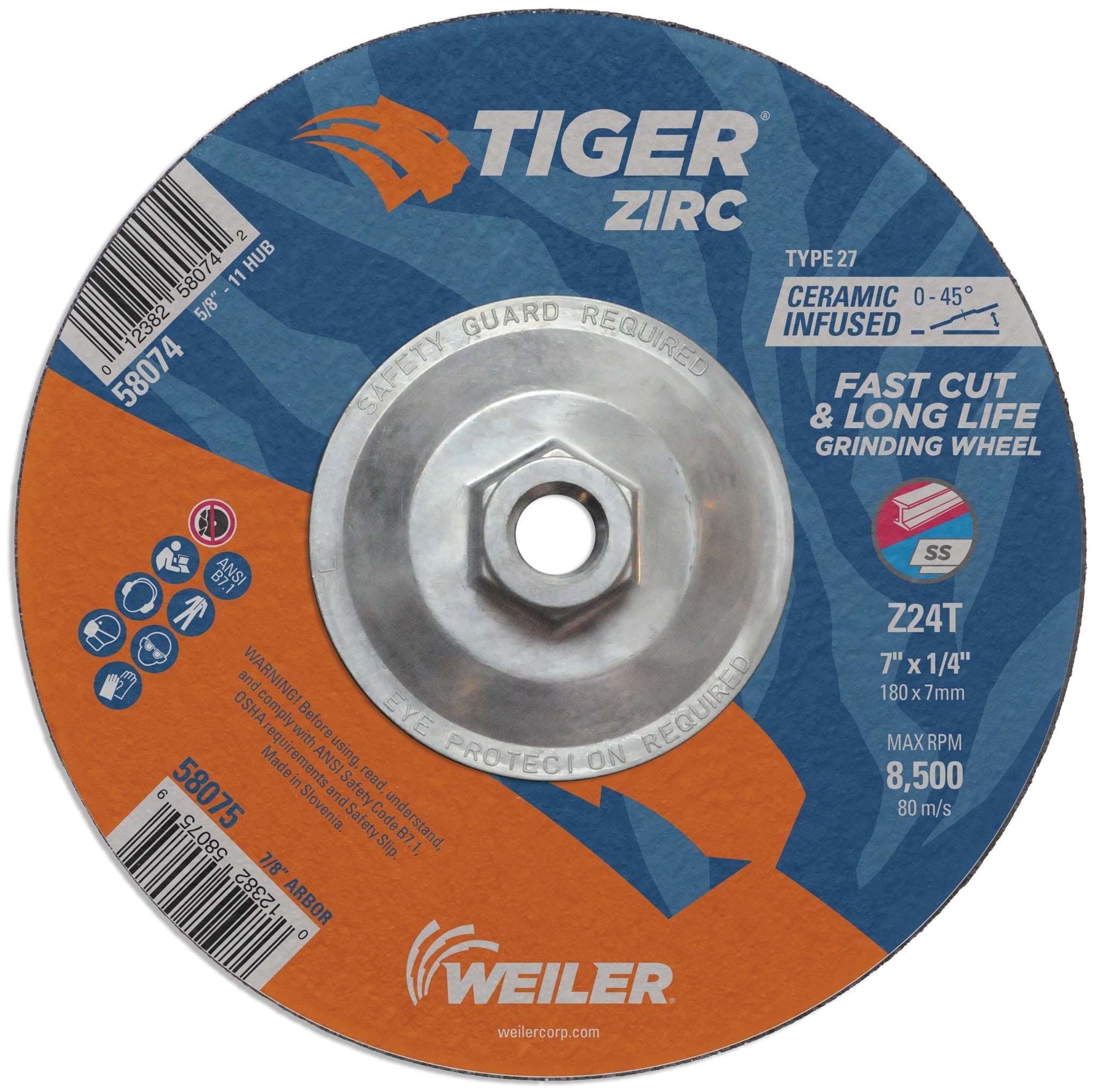 Picture of 7" x 1/4" TIGER ZIRC Type 27 Grinding Wheel, Z24T, 5/8"-11 Nut