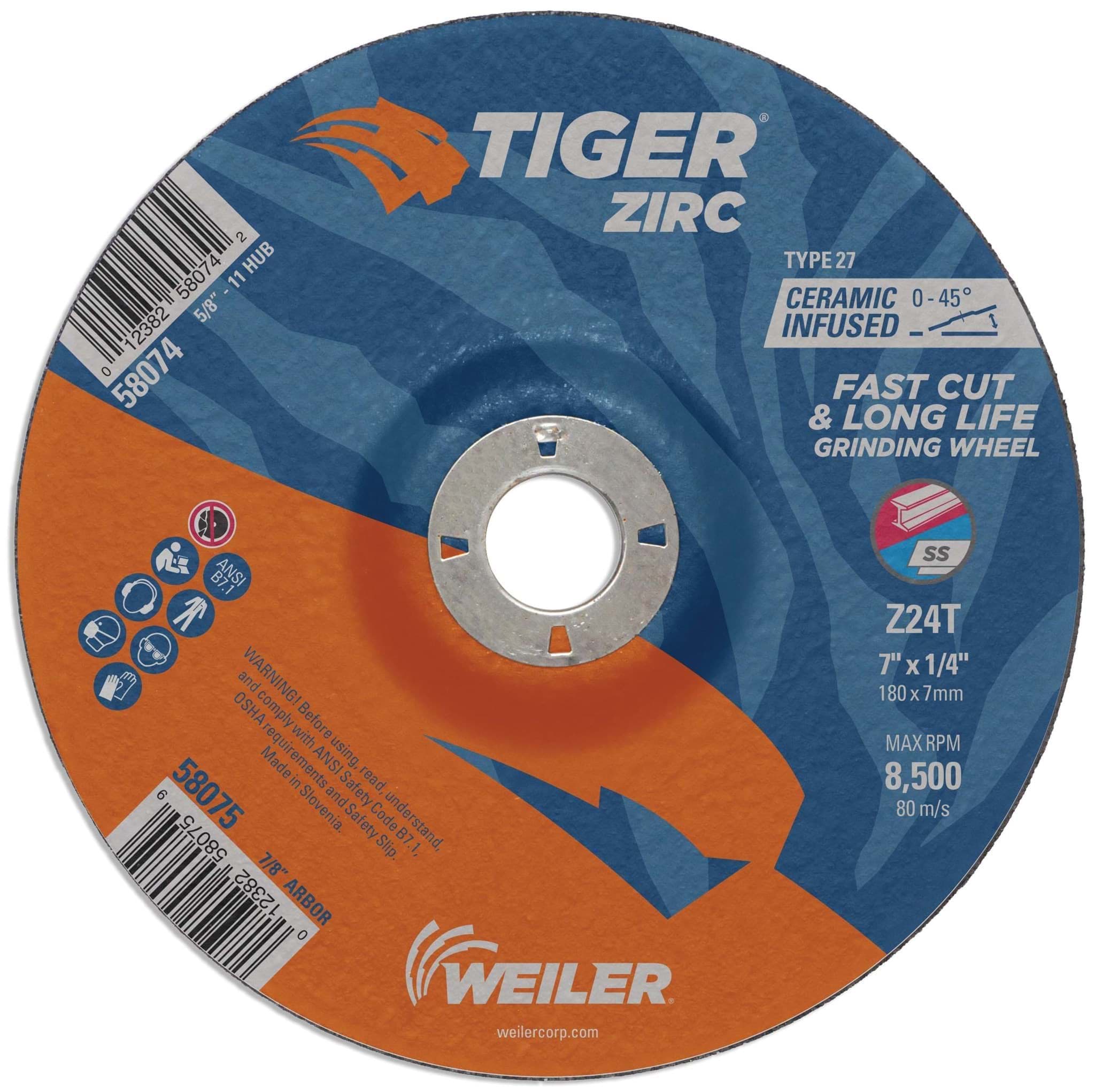 Picture of 7" x 1/4" TIGER ZIRC Type 27 Grinding Wheel, Z24T, 7/8" Arbor Hole
