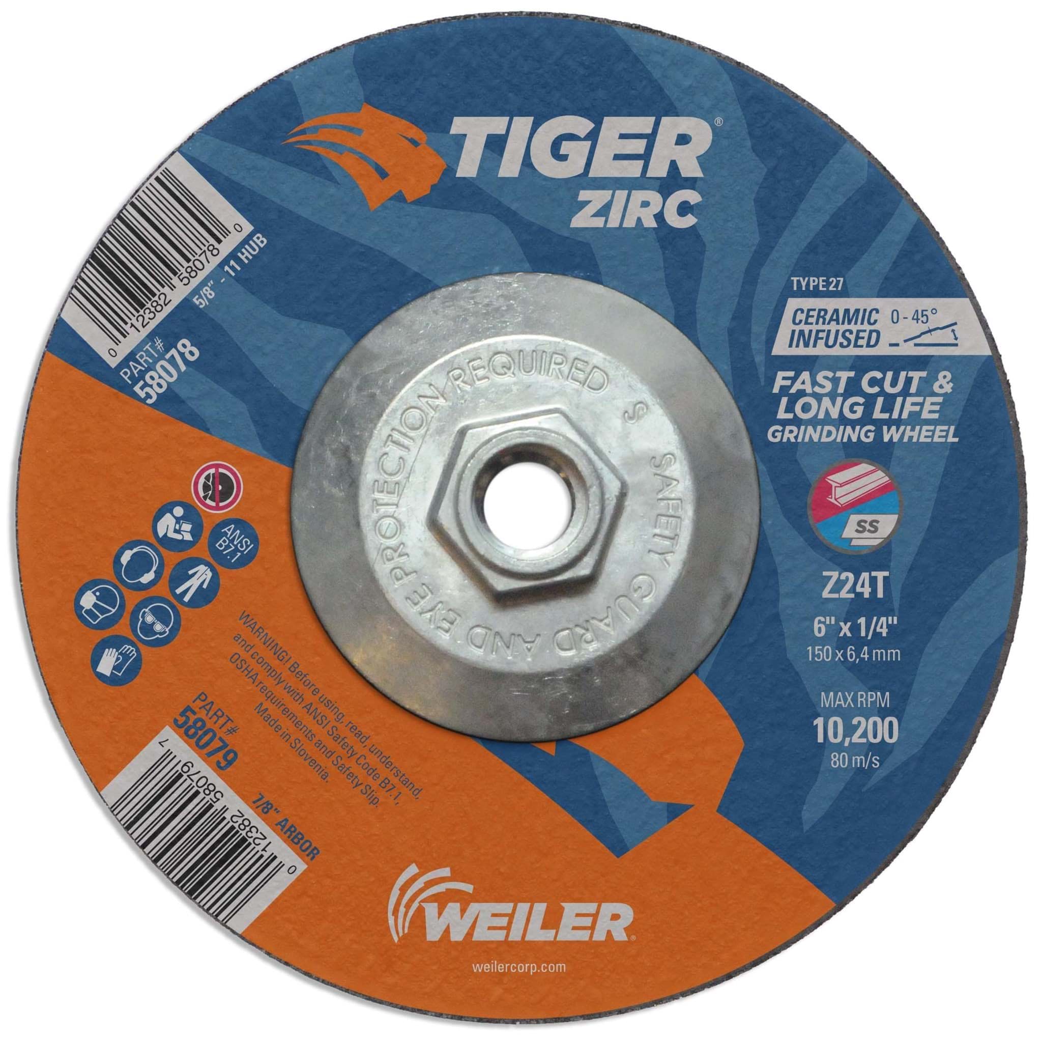 Picture of 6" x 1/4" TIGER ZIRC Type 27 Grinding Wheel, Z24T, 5/8"-11 Nut