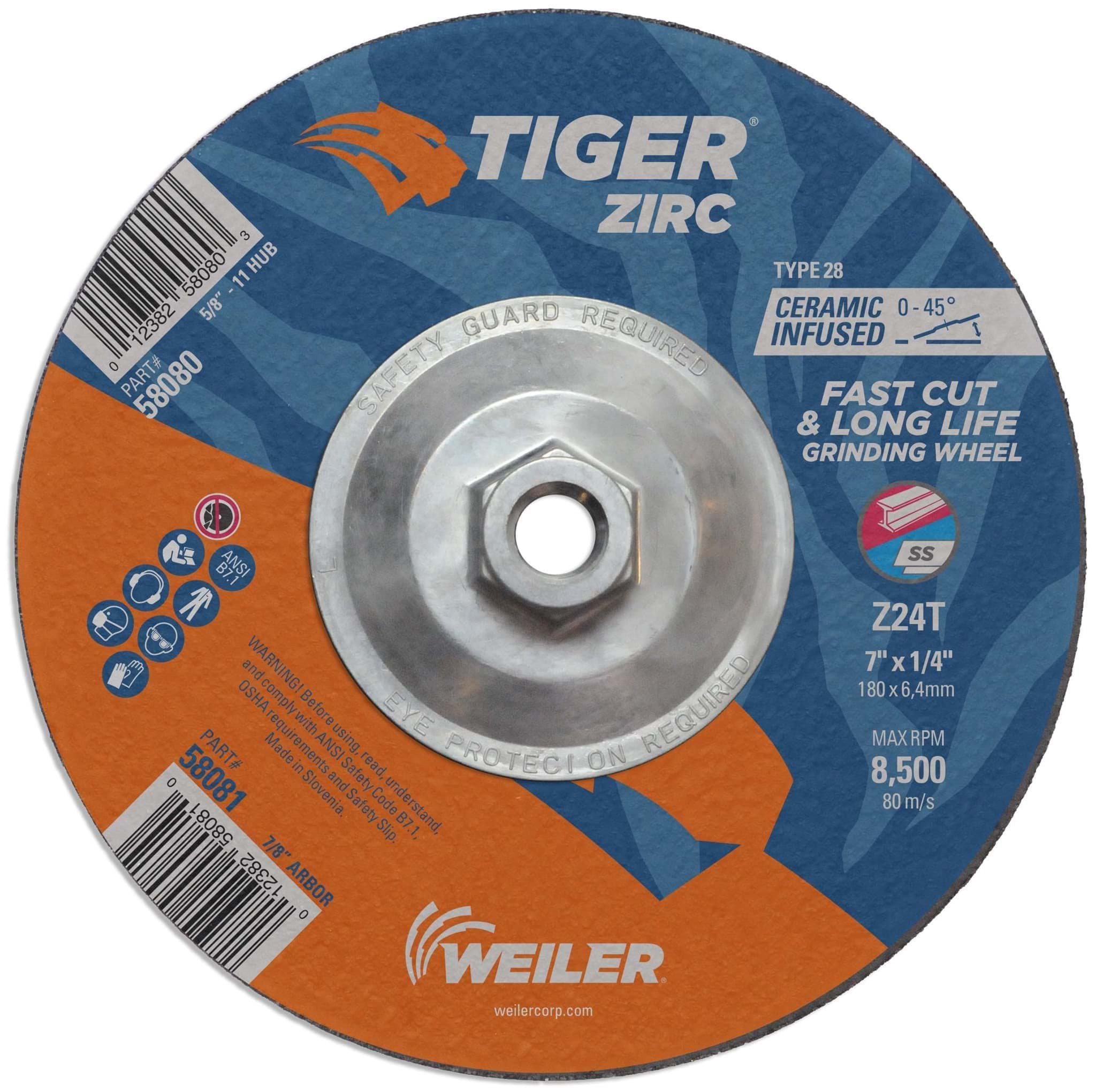 Picture of 7"x 1/4" TIGER ZIRC Type 28 Grinding Wheel, Z24T, 5/8"-11 Nut