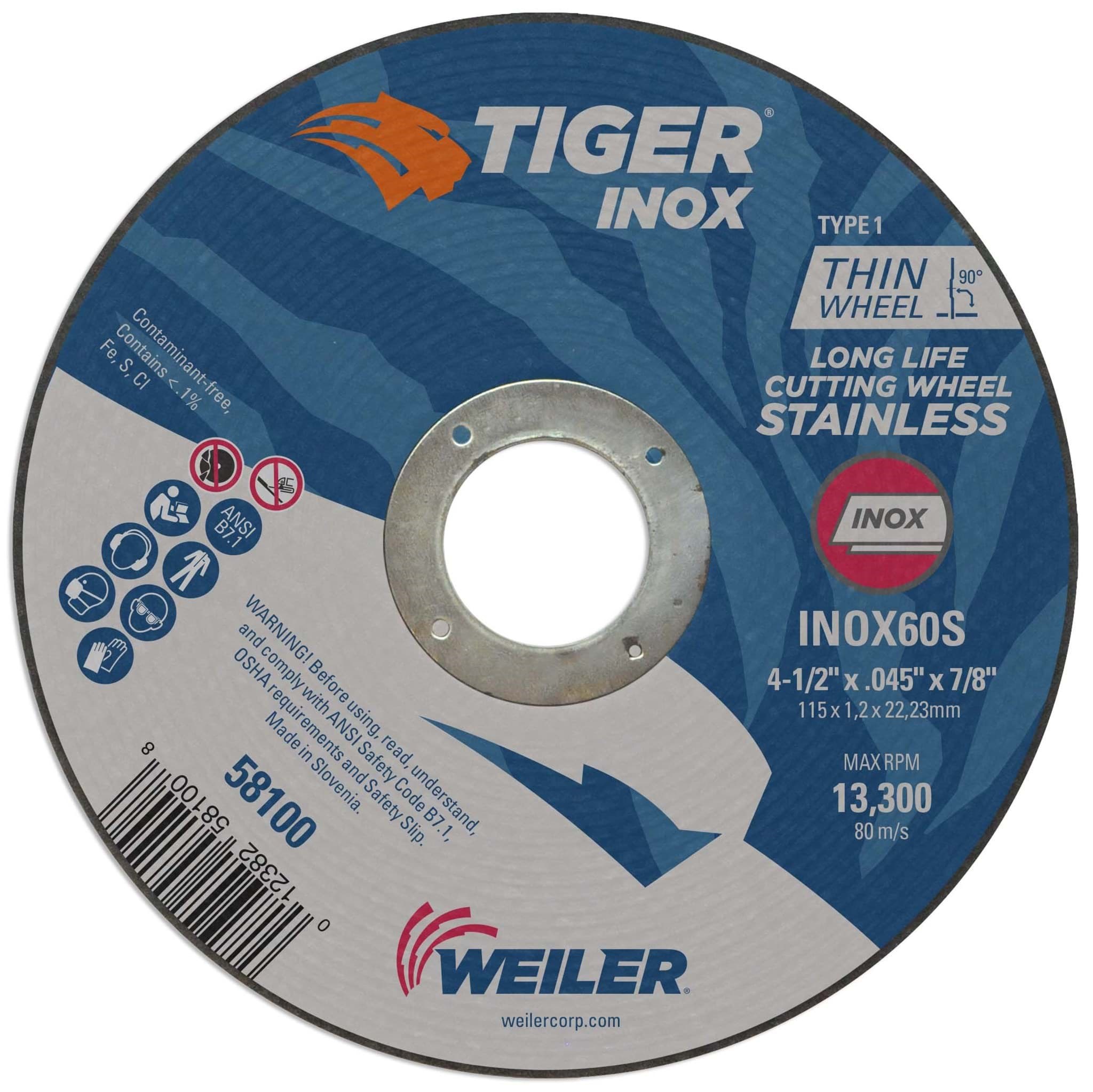 Picture of 4-1/2" x .045" TIGER INOX Type 1 Cutting Wheel, INOX60S, 7/8" Arbor Hole
