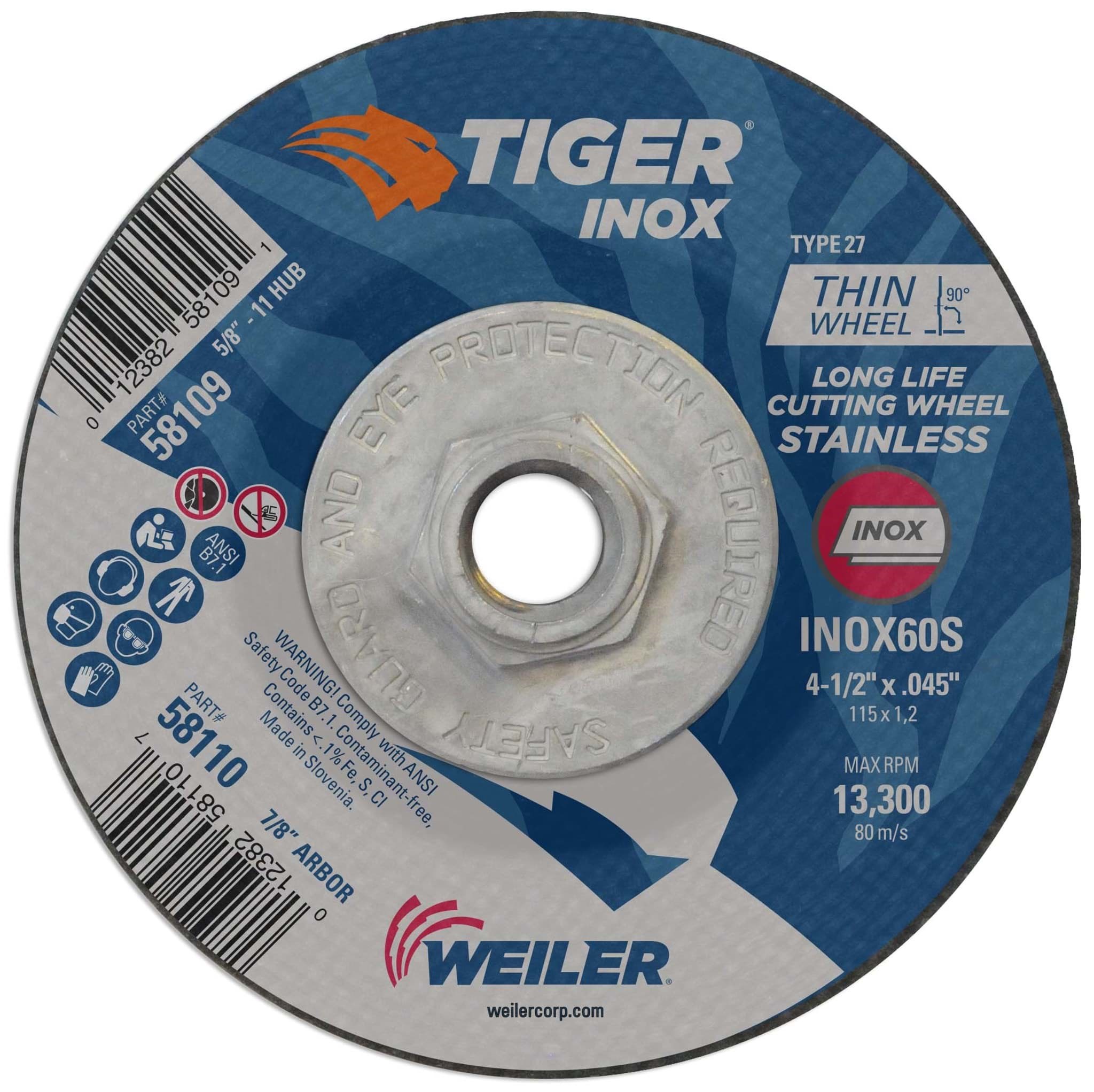 Picture of 4-1/2" x .045" TIGER INOX Type 27 Cutting Wheel, INOX60S, , 5/8"-11 Nut