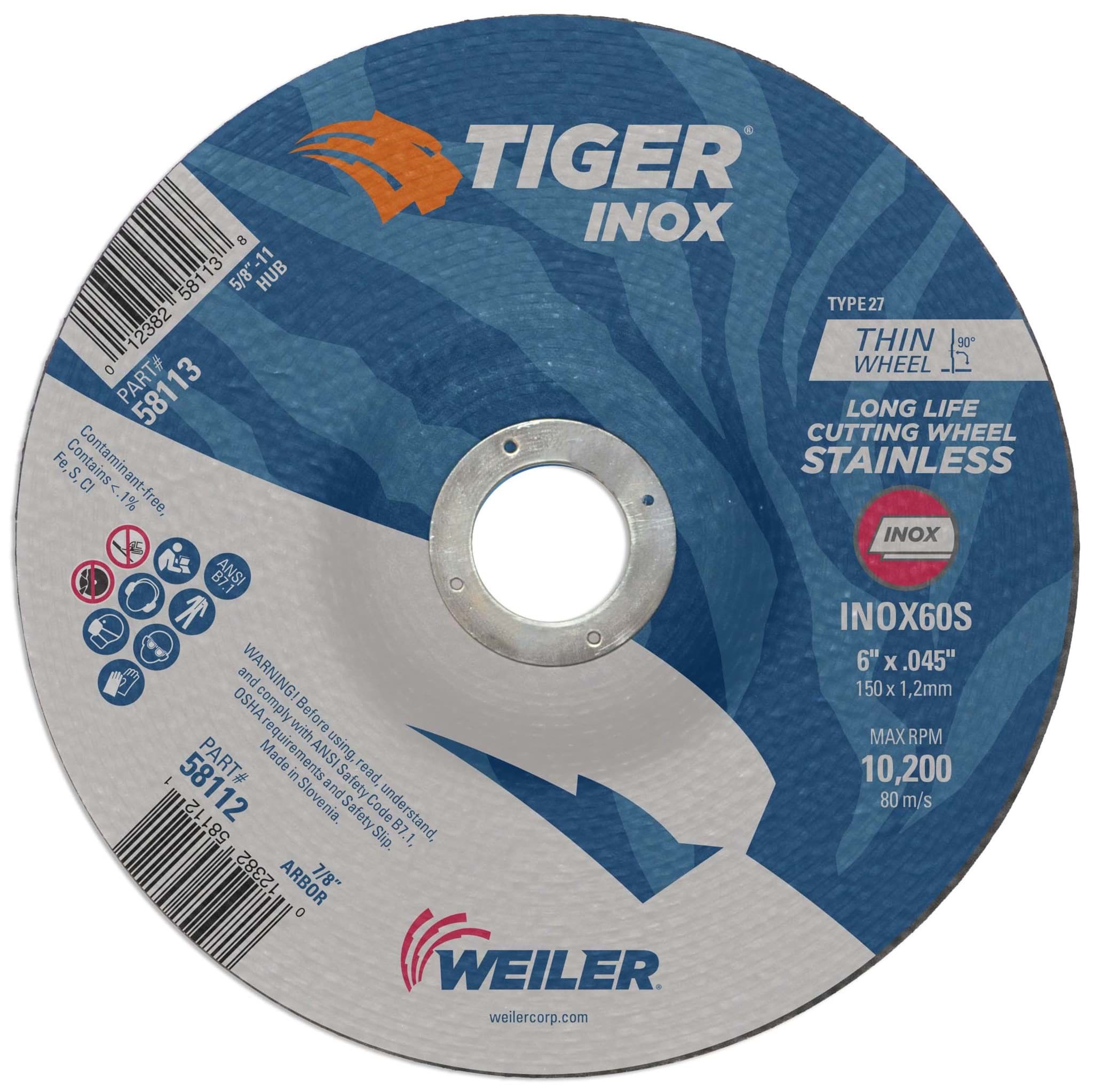 Picture of 6" x .045" TIGER INOX Type 27 Cutting Wheel, INOX60S, 7/8" Arbor Hole