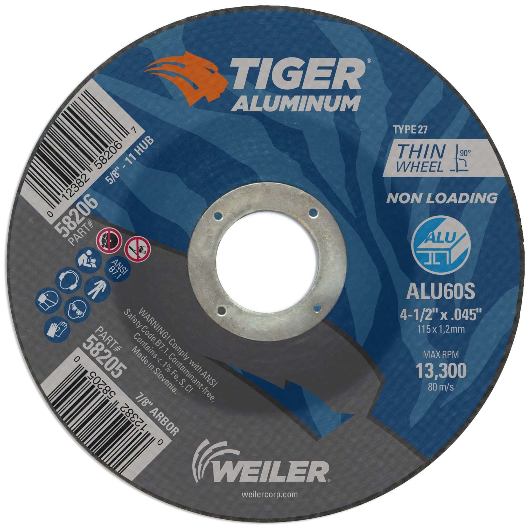 Picture of 4-1/2" x .045" Tiger Aluminum Type 27 Cutting Wheel ALU60S 7/8 Arbor Hole