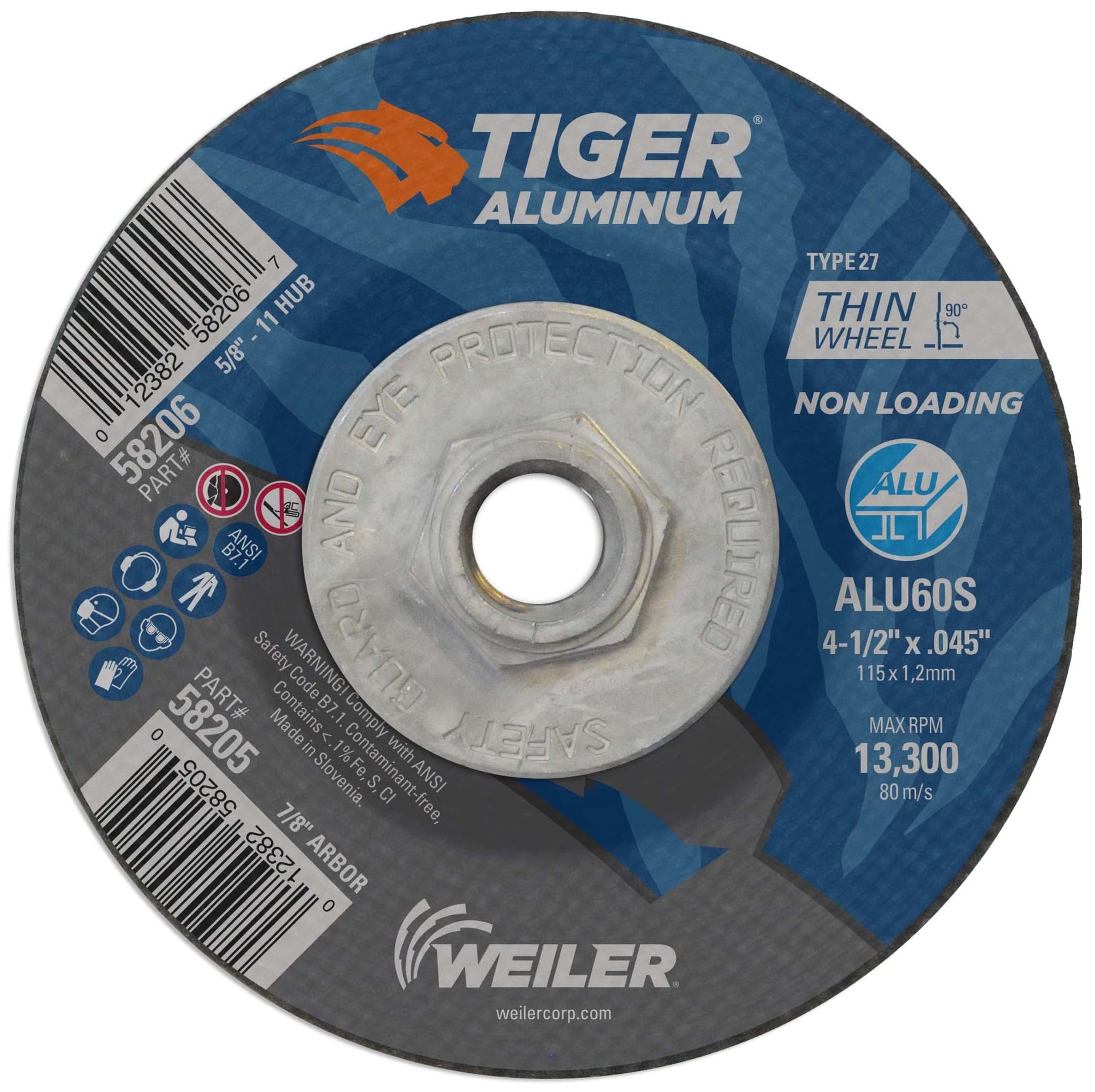 Picture of 4-1/2 x .045 Tiger Aluminum Type 27 Cutting Wheel ALU60S 5/8-11 Nut