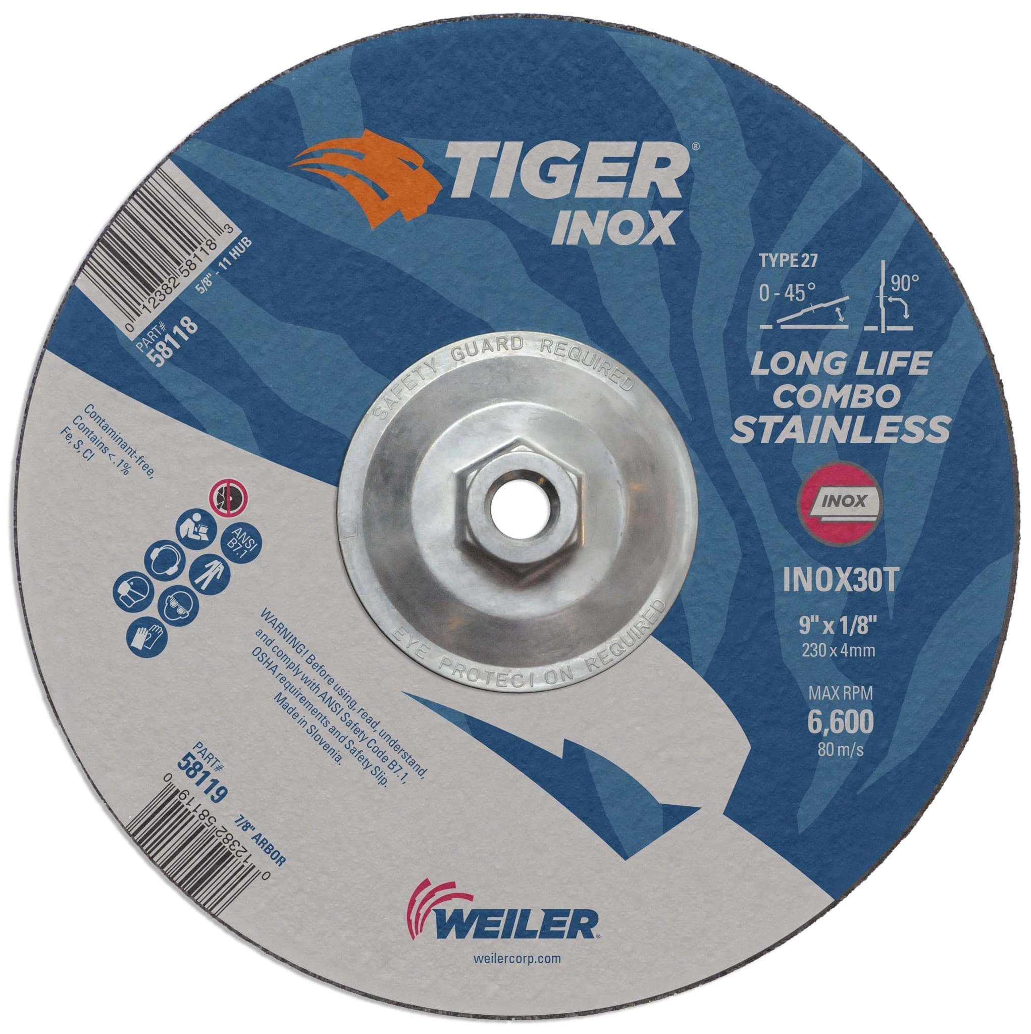 Picture of 9" x 1/8" TIGER INOX Type 27 Cut/Grind Combo Wheel, INOX30T, 5/8"-11 Nut