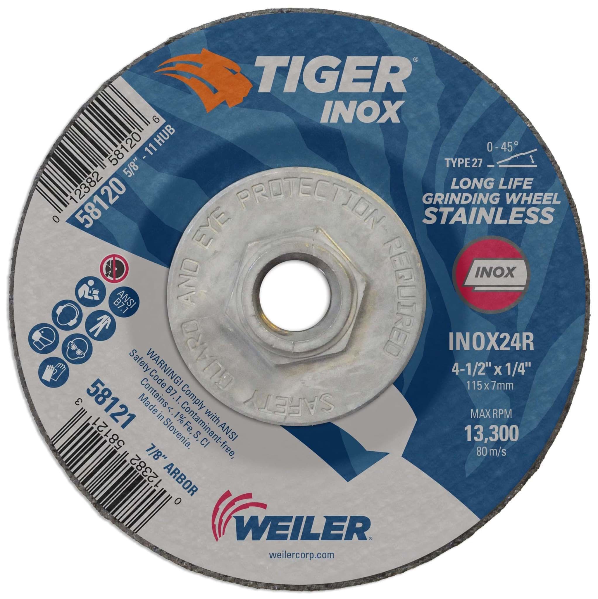 Picture of 4-1/2" x 1/4" TIGER INOX Type 27 Grinding Wheel, INOX24R, 5/8"-11 Nut