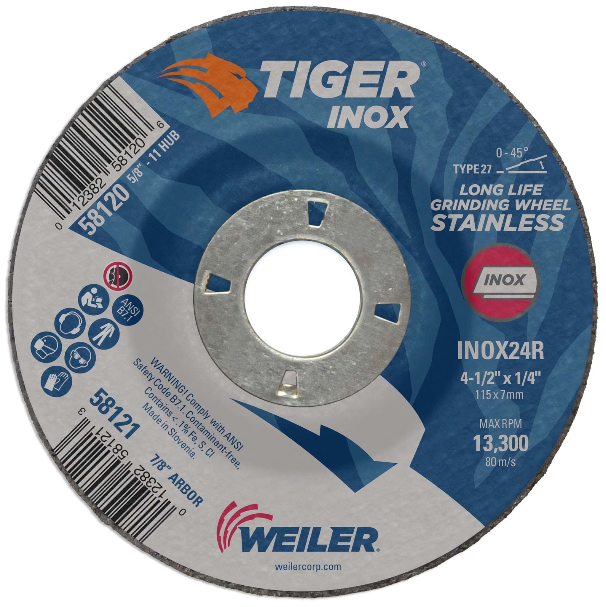 Picture of 4-1/2" x 1/4" TIGER INOX Type 27 Grinding Wheel, INOX24R, 7/8" Arbor Hole