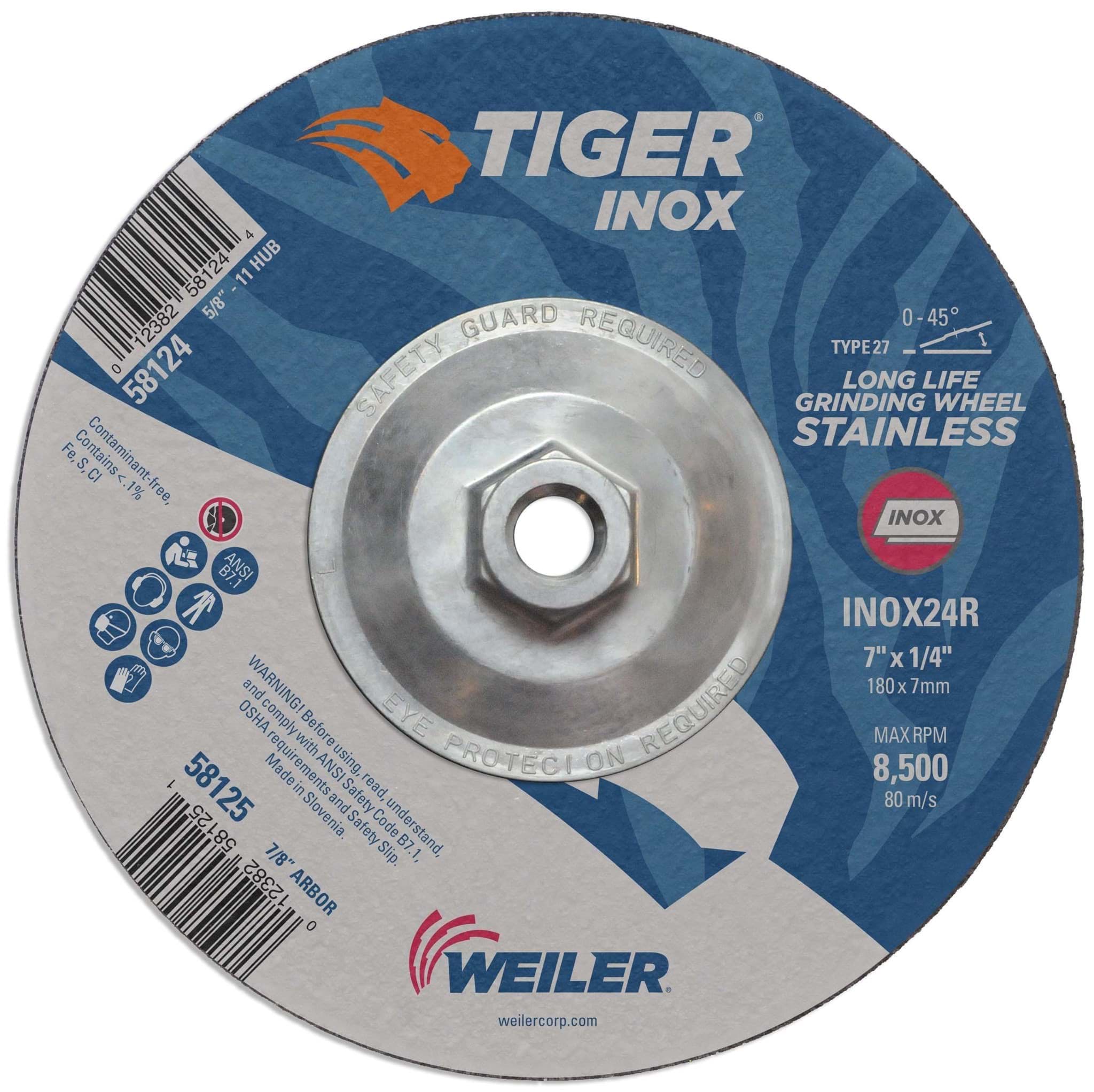 Picture of 7" x 1/4" TIGER INOX Type 27 Grinding Wheel, INOX24R, 5/8"-11 Nut