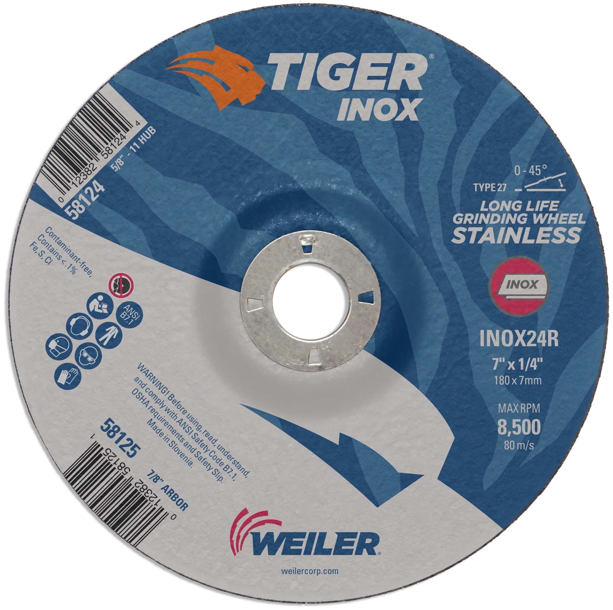 Picture of 7" x 1/4" TIGER INOX Type 27 Grinding Wheel, INOX24R, 7/8" Arbor Hole