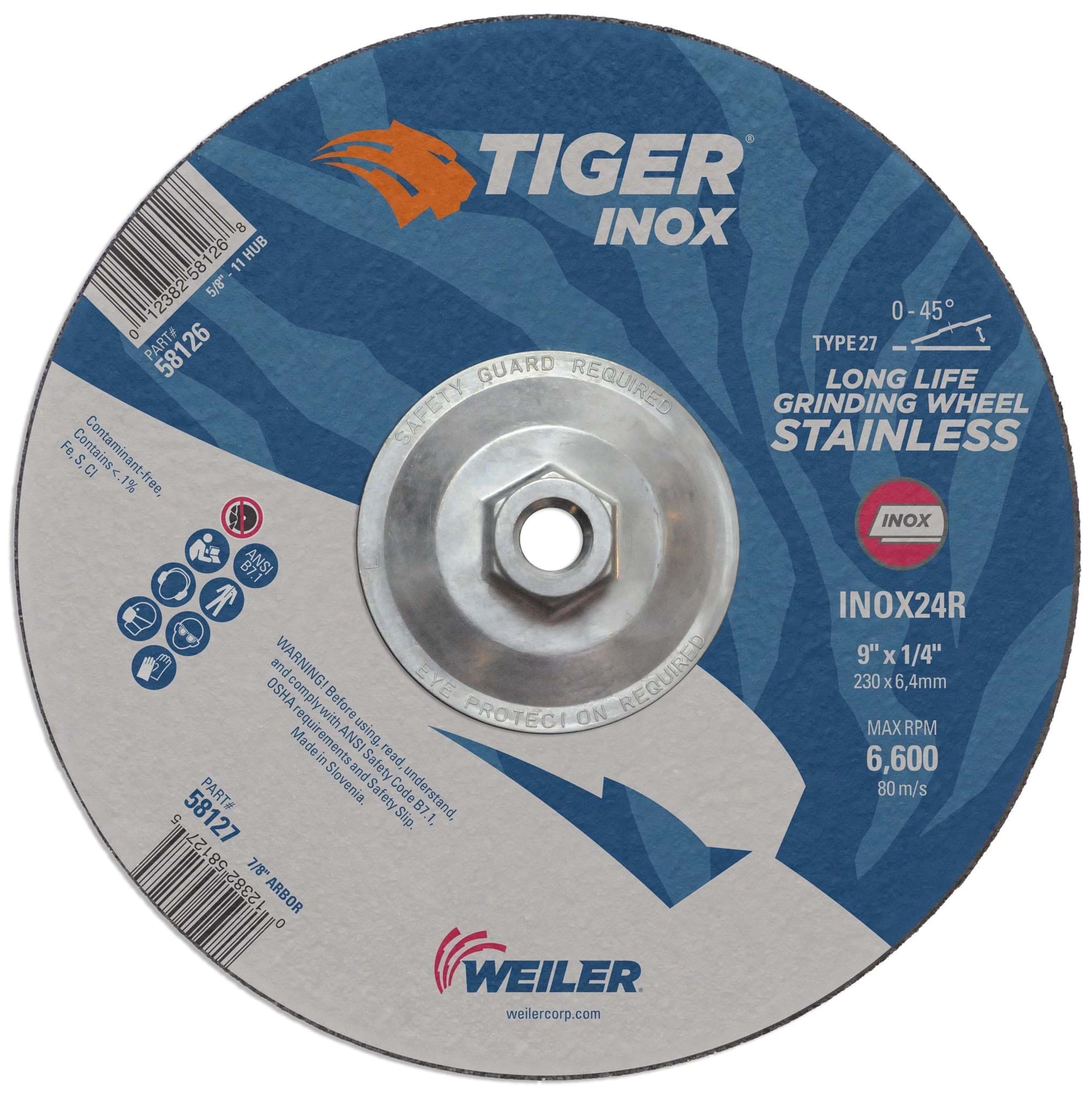 Picture of 9" x 1/4" TIGER INOX Type 27 Grinding Wheel, INOX24R, 5/8"-11 Nut