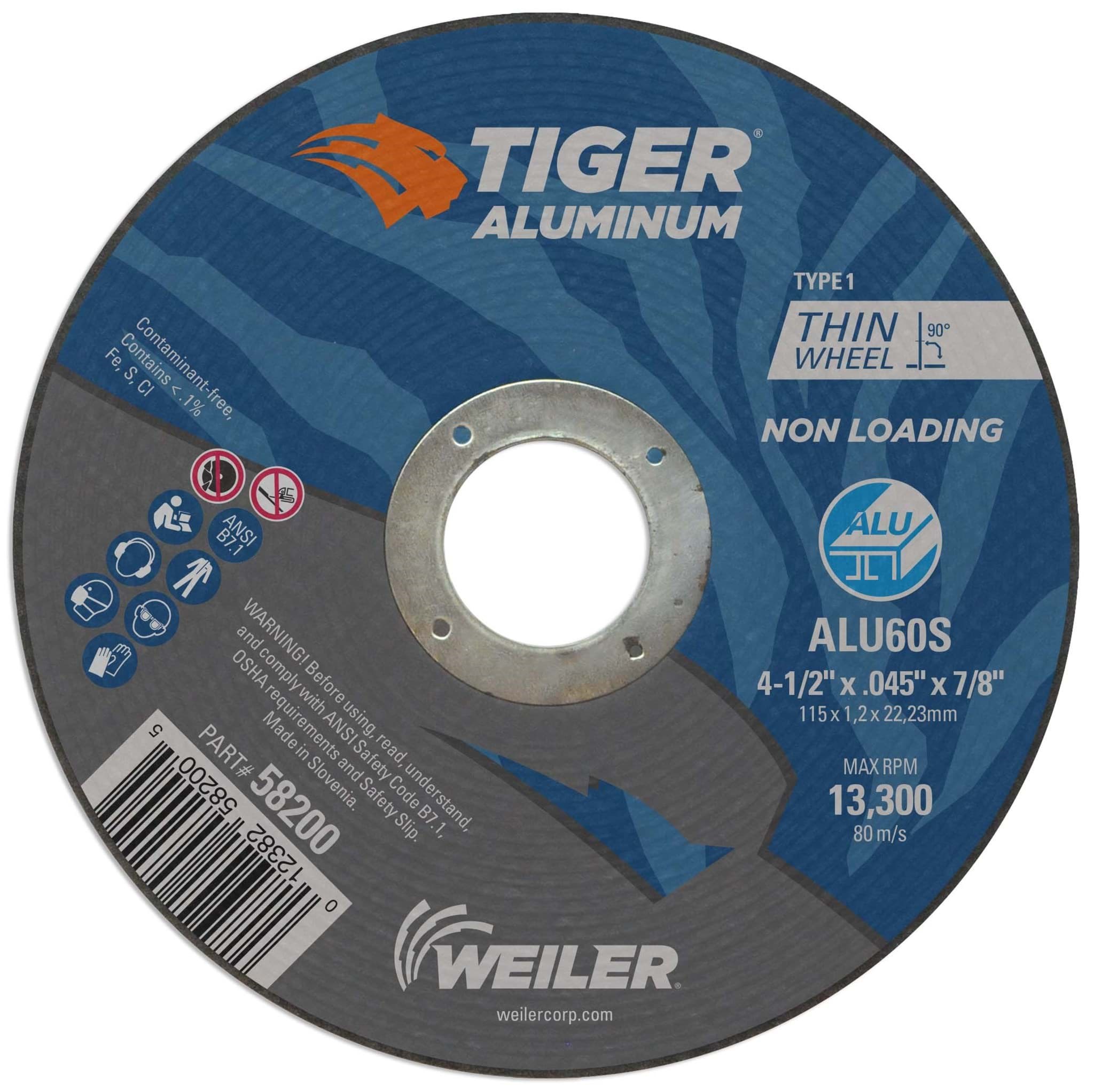 Picture of 4-1/2" x .045" Tiger Aluminum Type 1 Cutting Wheel ALU60S 7/8 Arbor Hole