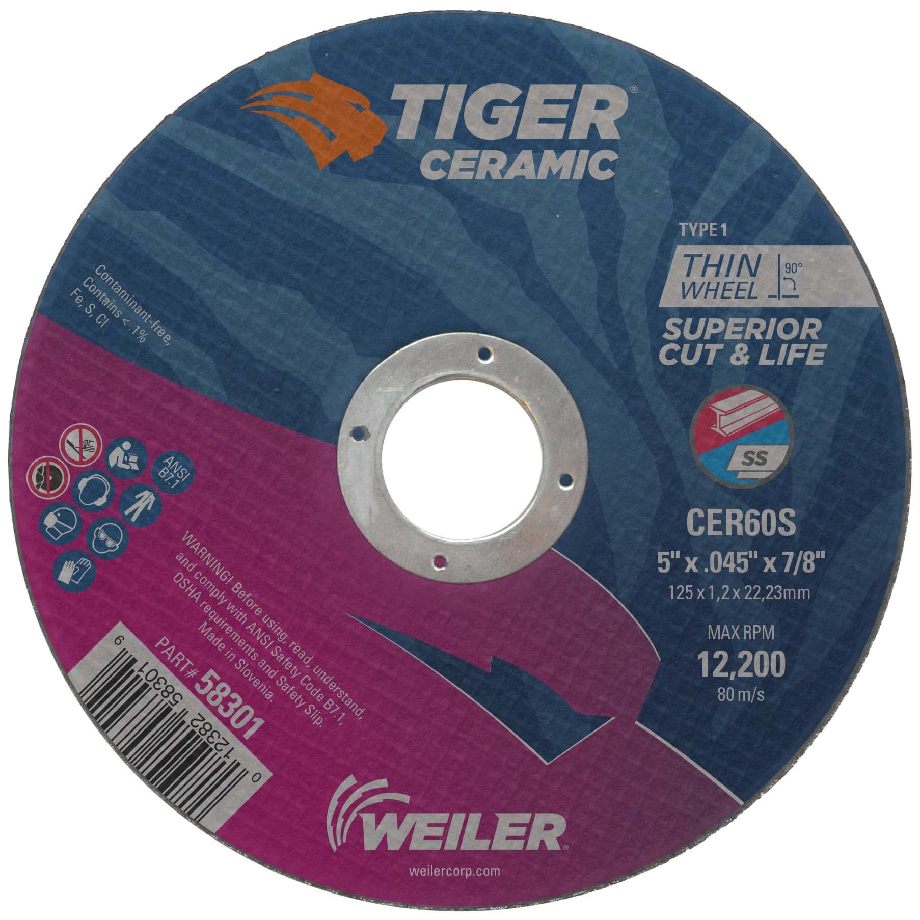 Picture of 5" x .045" Tiger Ceramic Type 1 Cutting Wheel CER60S 7/8 Arbor Hole