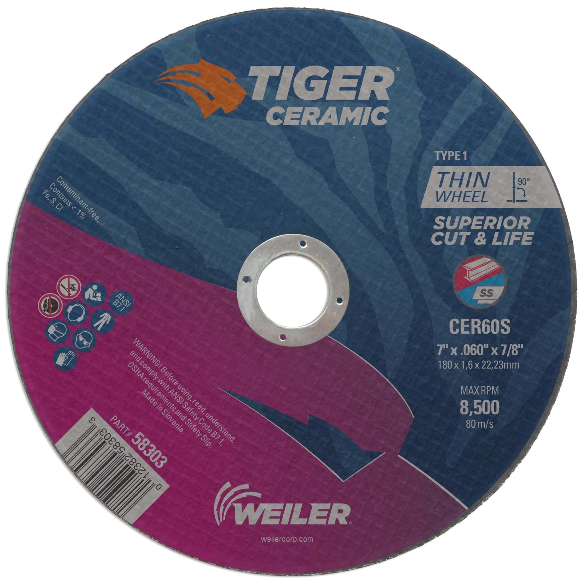 Picture of 7" x .060" Tiger Ceramic Type 1 Cutting WheelCER60S 7/8 Arbor Hole