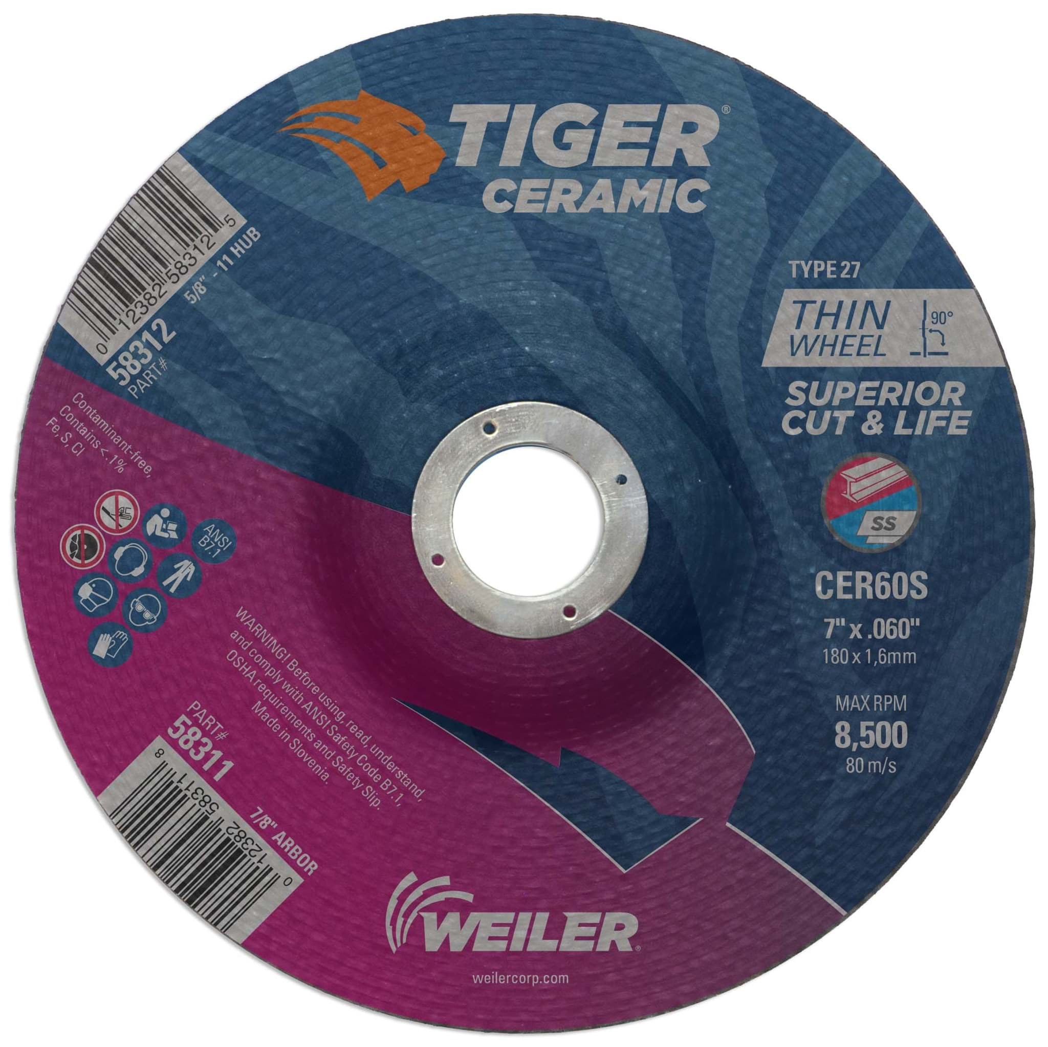 Picture of 7" x .060" Tiger Ceramic Type 27 Cutting Wheel CER60S 7/8 Arbor Hole