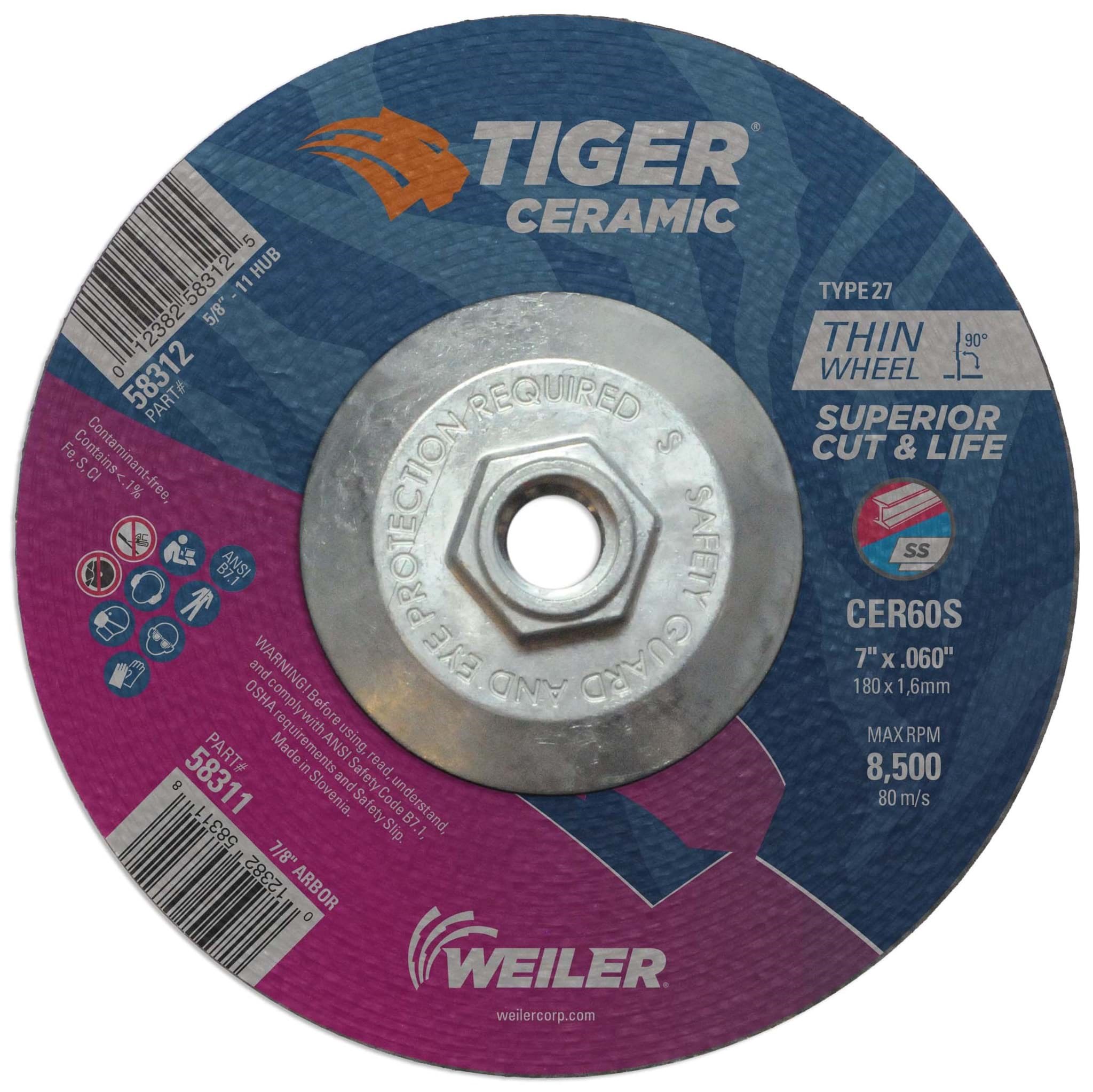 Picture of 7" x .060" Tiger Ceramic Type 27 Cutting Wheel CER60S 5/8-11 Nut