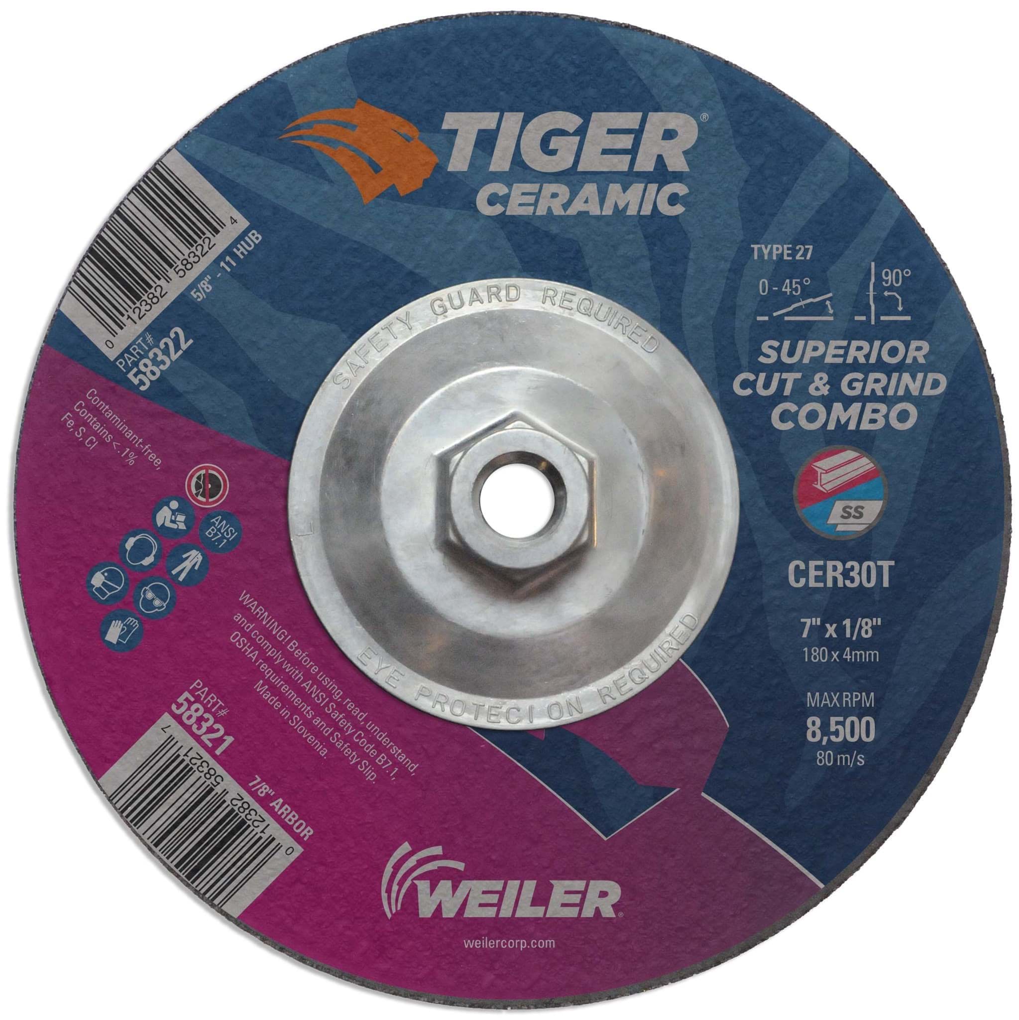 Picture of 7 x 1/8 Tiger Ceramic Type 27 Cut/Grind Combo Wheel CER30T 5/8-11 Nut