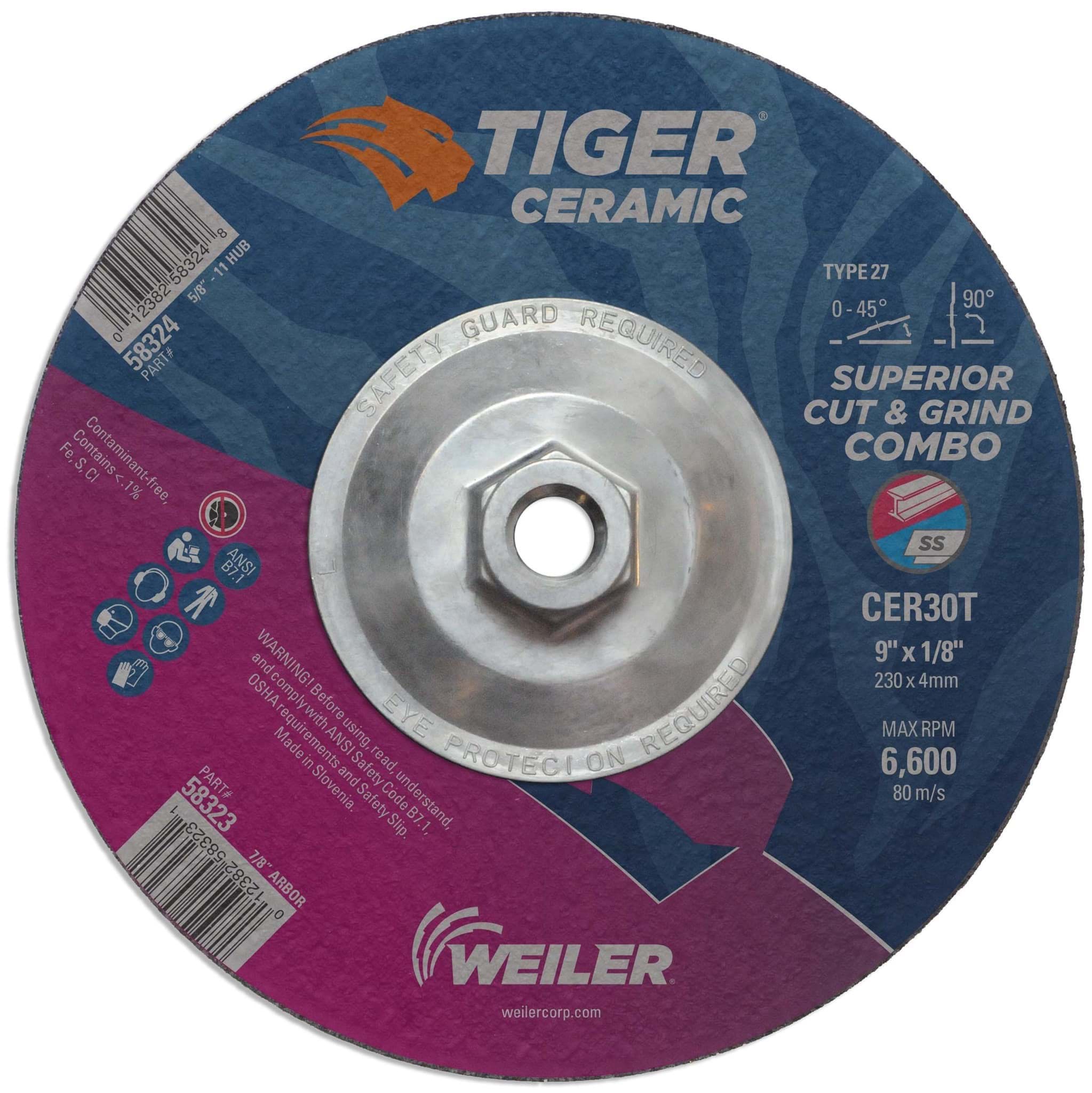 Picture of 9" x 1/8" Tiger Ceramic Type 27 Cut/Grind Combo Wheel CER30T 5/8-11 Nut