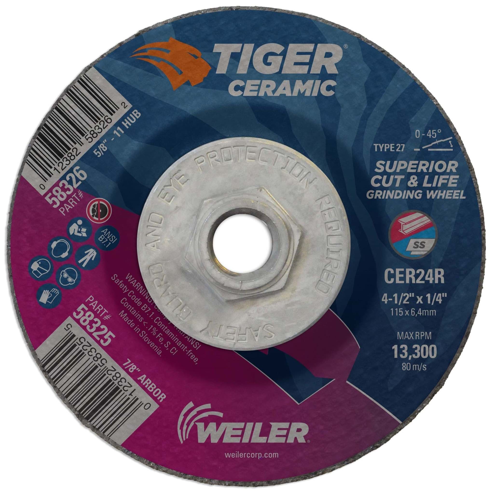 Picture of 4-1/2" x 1/4" Tiger Ceramic Type 27 Grinding Wheel CER24R 5/8-11 Nut