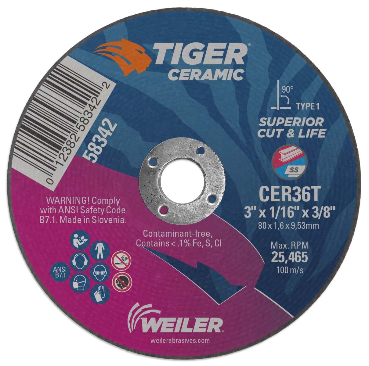 Picture of 3" x .035" Tiger Ceramic Type 1 Cutting Wheel, CER36T, 3/8" Arbor Hole