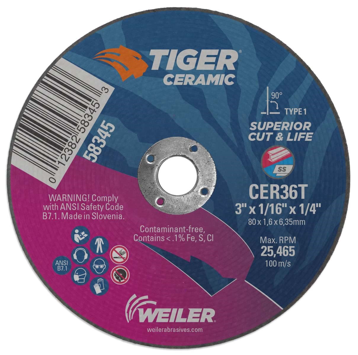 Picture of 3" x .035" Tiger Ceramic Type 1 Cutting Wheel, CER36T, 1/4" Arbor Hole