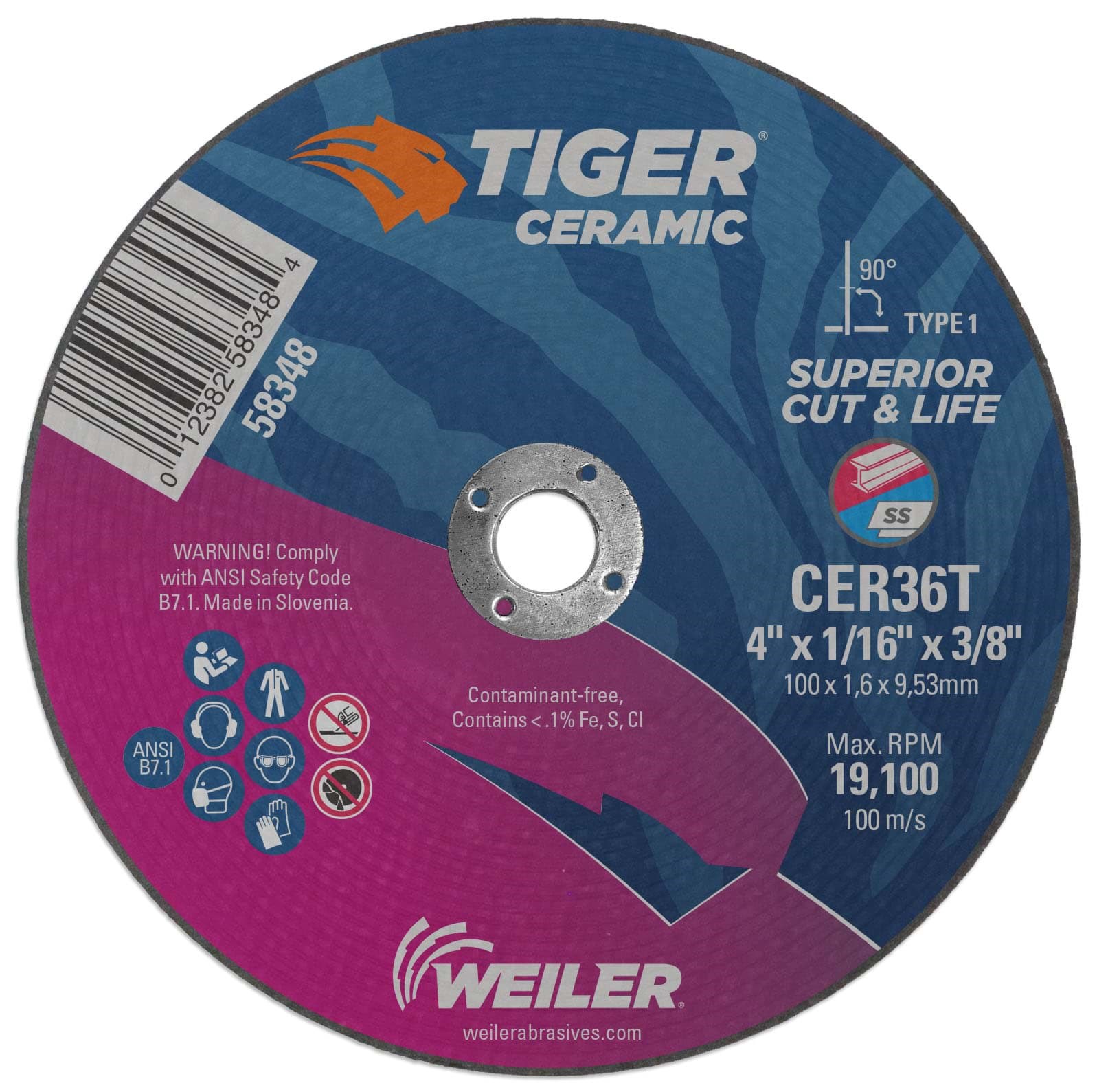 Picture of 4" x .035" Tiger Ceramic Type 1 Cutting Wheel, CER36T, 3/8" Arbor Hole