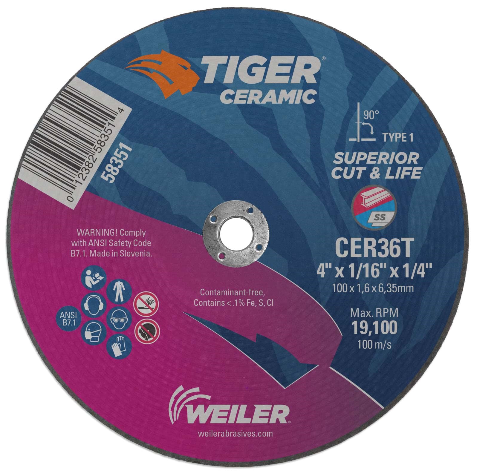 Picture of 4" x .035" Tiger Ceramic Type 1 Cutting Wheel, CER36T, 1/4" Arbor Hole